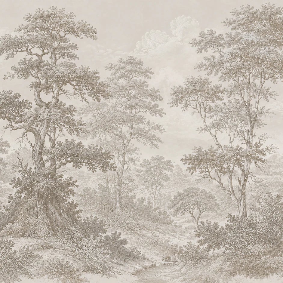 Gros plan sur le motif Gravure de forêt vintage à l'échelle d'impression