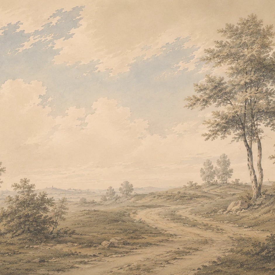Nahaufnahme des Kunstwerks Pastorale Landschaftsaussicht im Druckmaßstab
