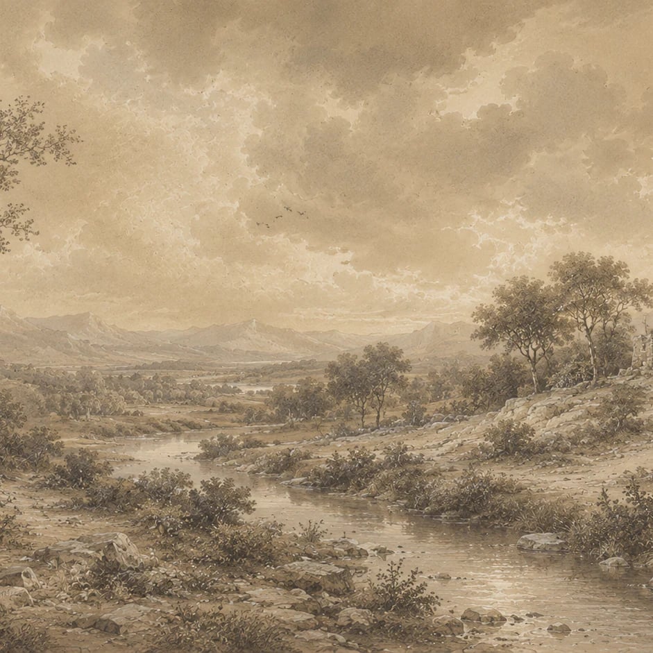 Close-up of the Sepia River Valley artwork at printed scale