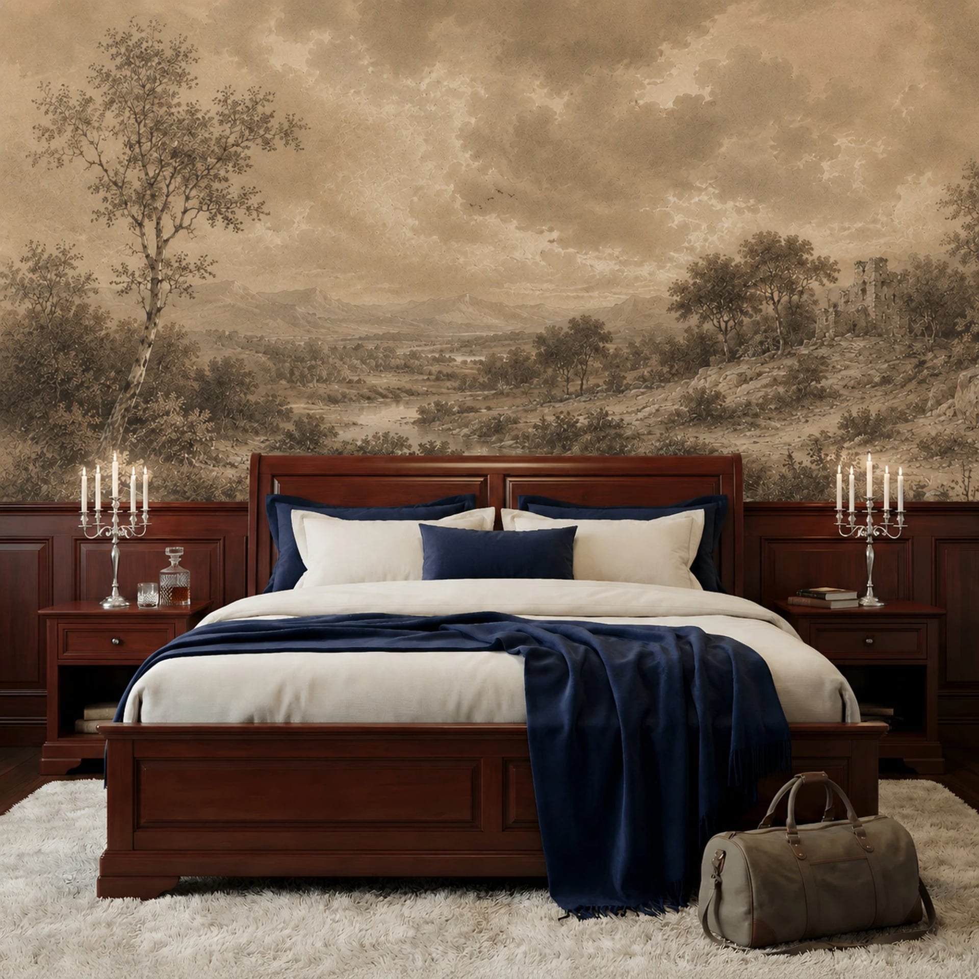 Sepia River Valley wall mural shown in a styled interior, view 2