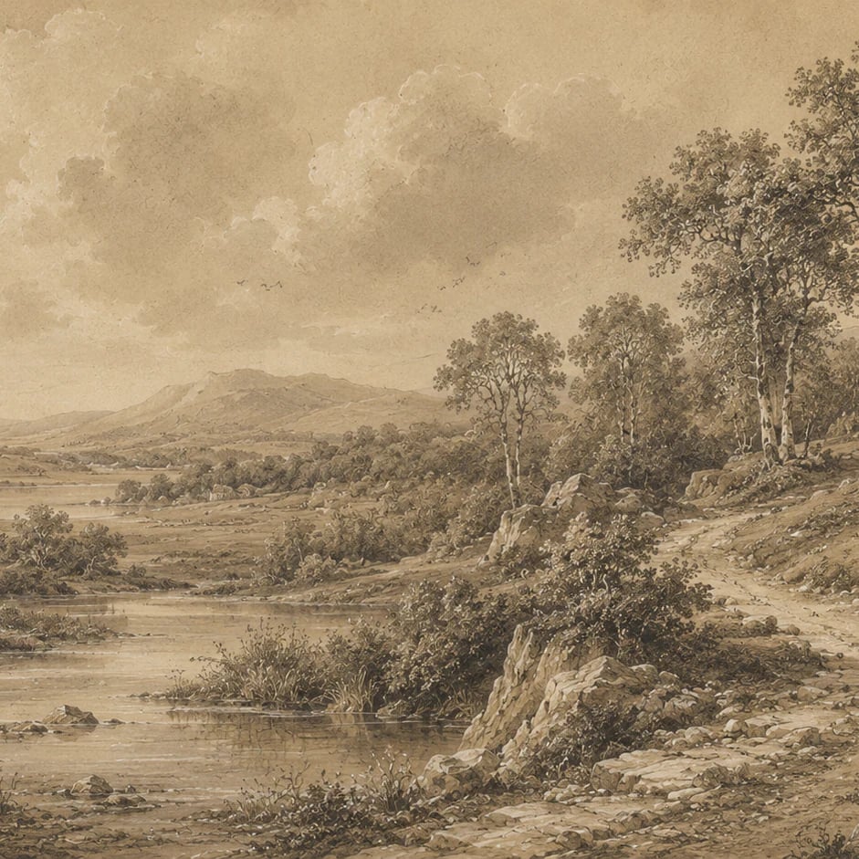 Close-up of the Pastoral Valley Etching artwork at printed scale