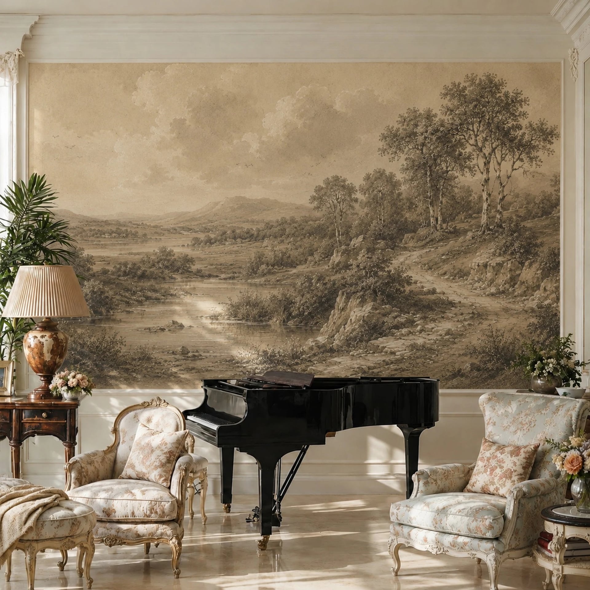 Pastoral Valley Etching wall mural shown in a styled interior, view 2