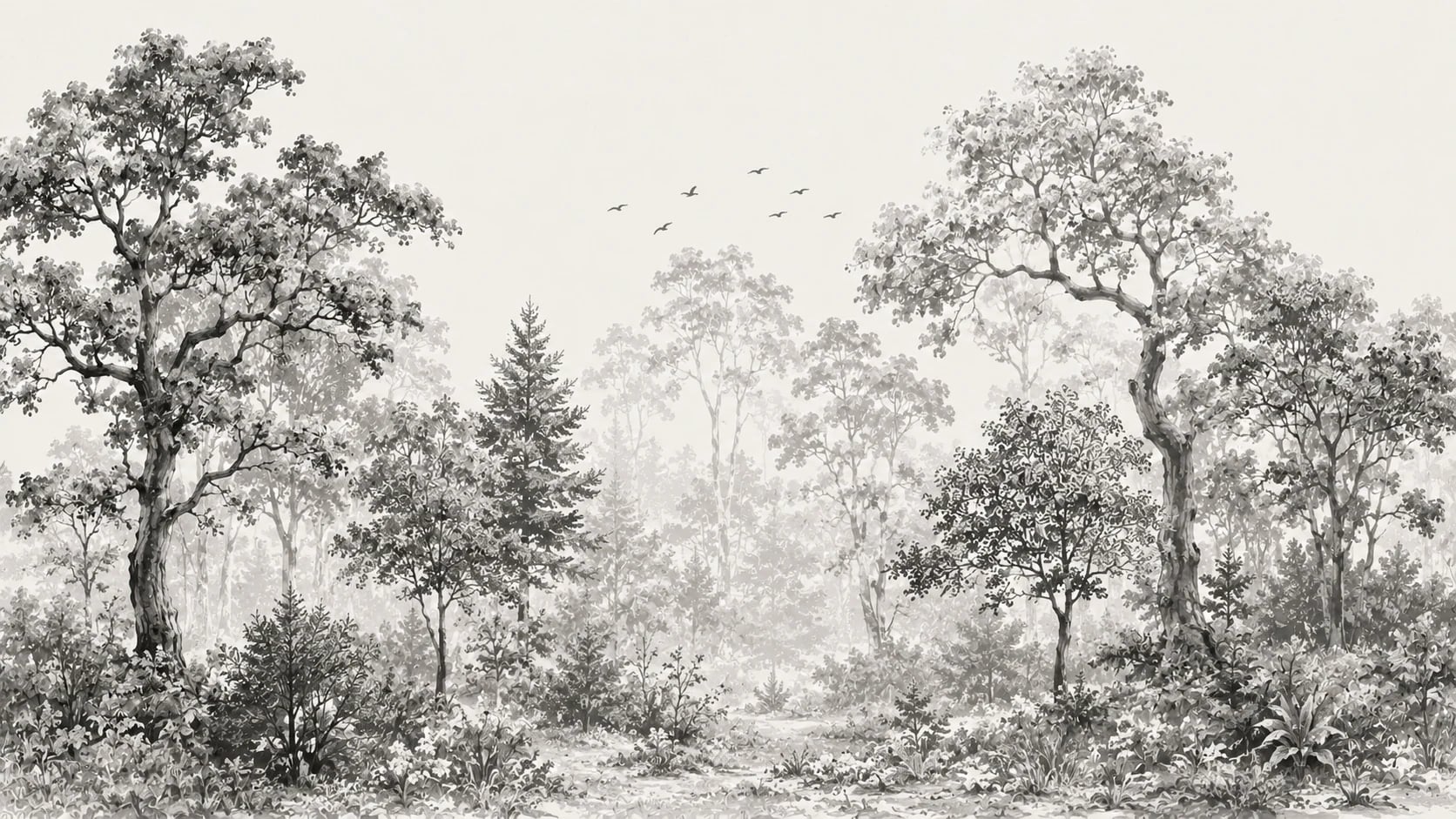 Gravure de forêt brumeuse