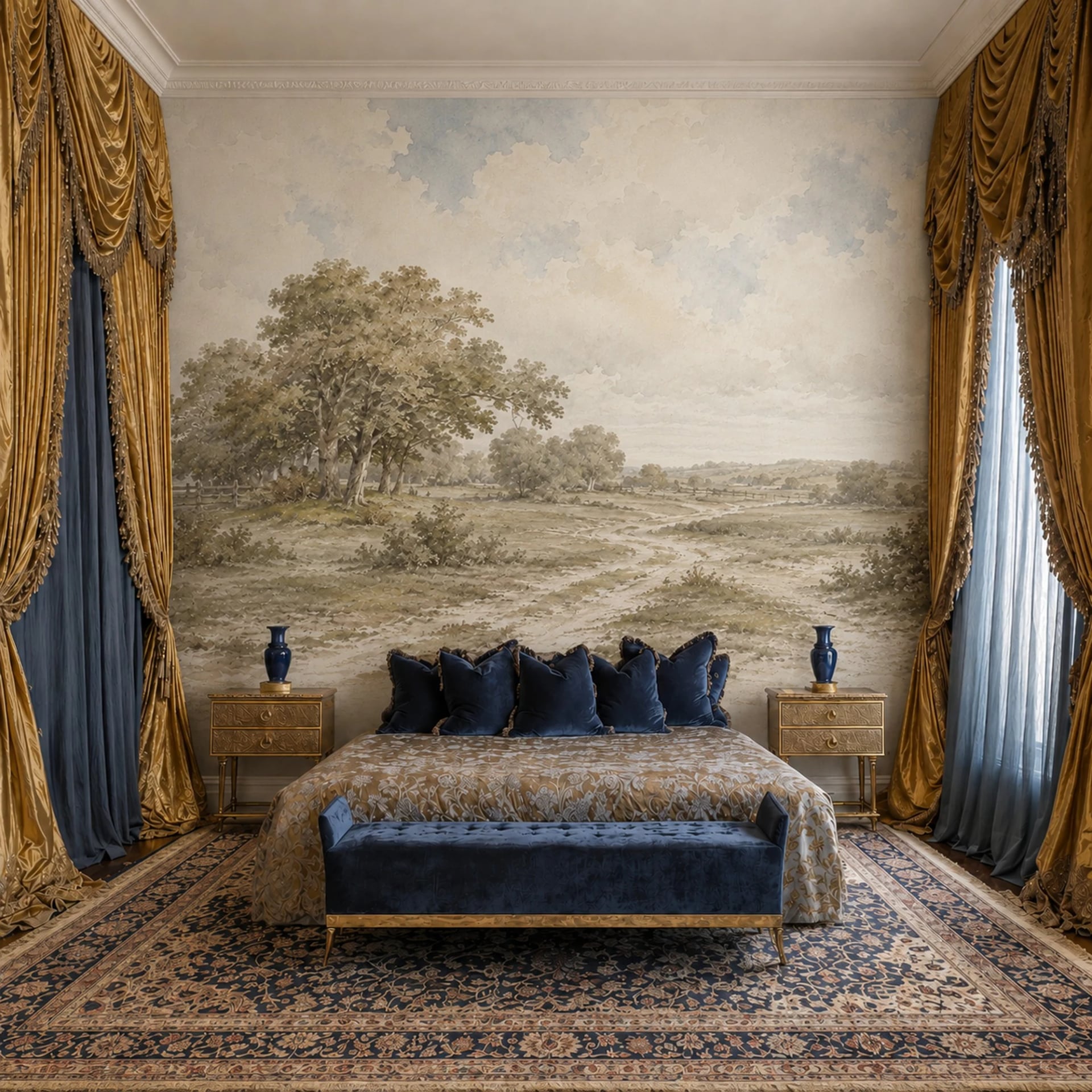 Pastoral Meadow Path wall mural shown in a styled interior, view 2