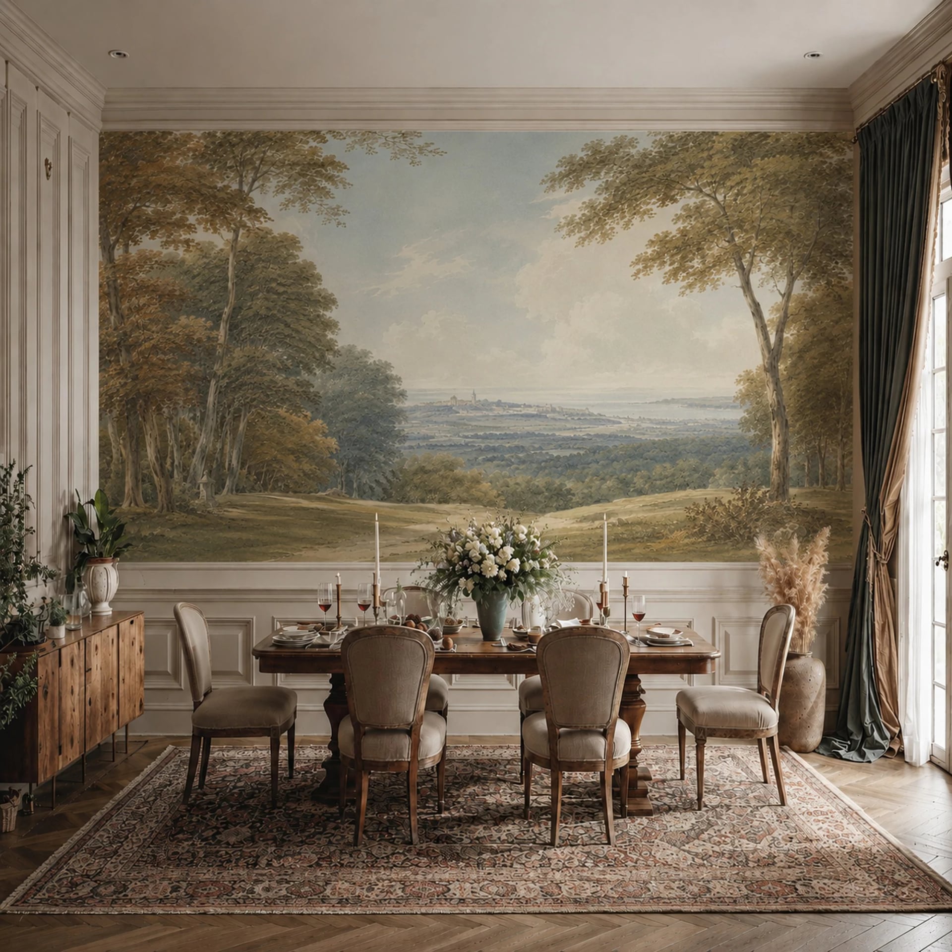 Papier peint panoramique Vue sur la vallée pastorale présenté dans un intérieur décoré, vue 2