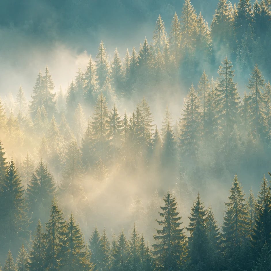 Close-up of the Misty Pine Canopy artwork at printed scale