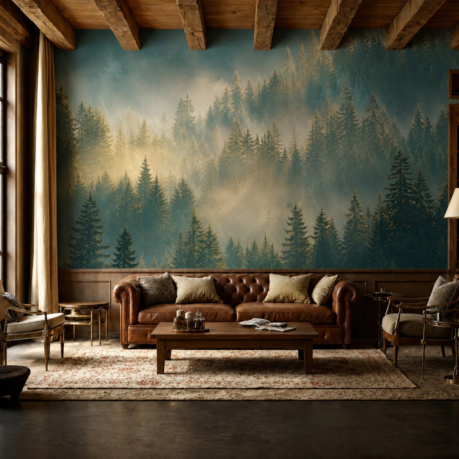 Misty Pine Canopy wall mural shown in a styled interior, view 2