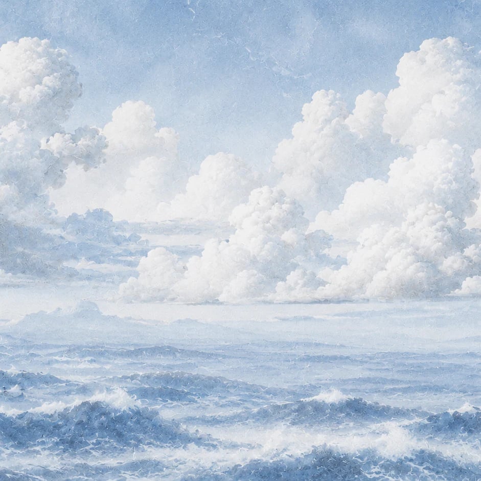 Primer plano del diseño Fresco de océano y nubes a escala de impresión