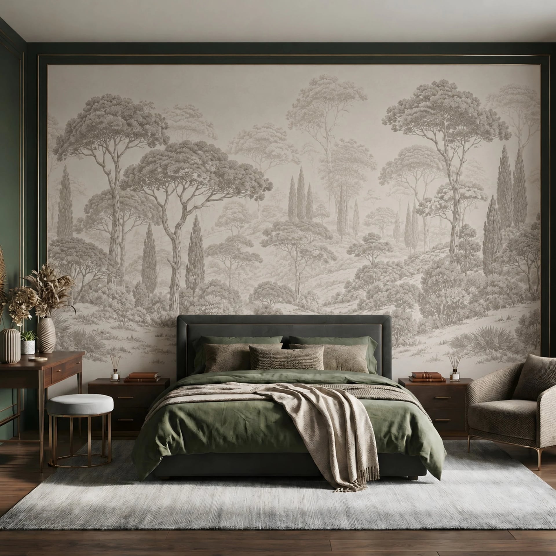 Papier peint panoramique Pinède toscane présenté dans un intérieur décoré, vue 2
