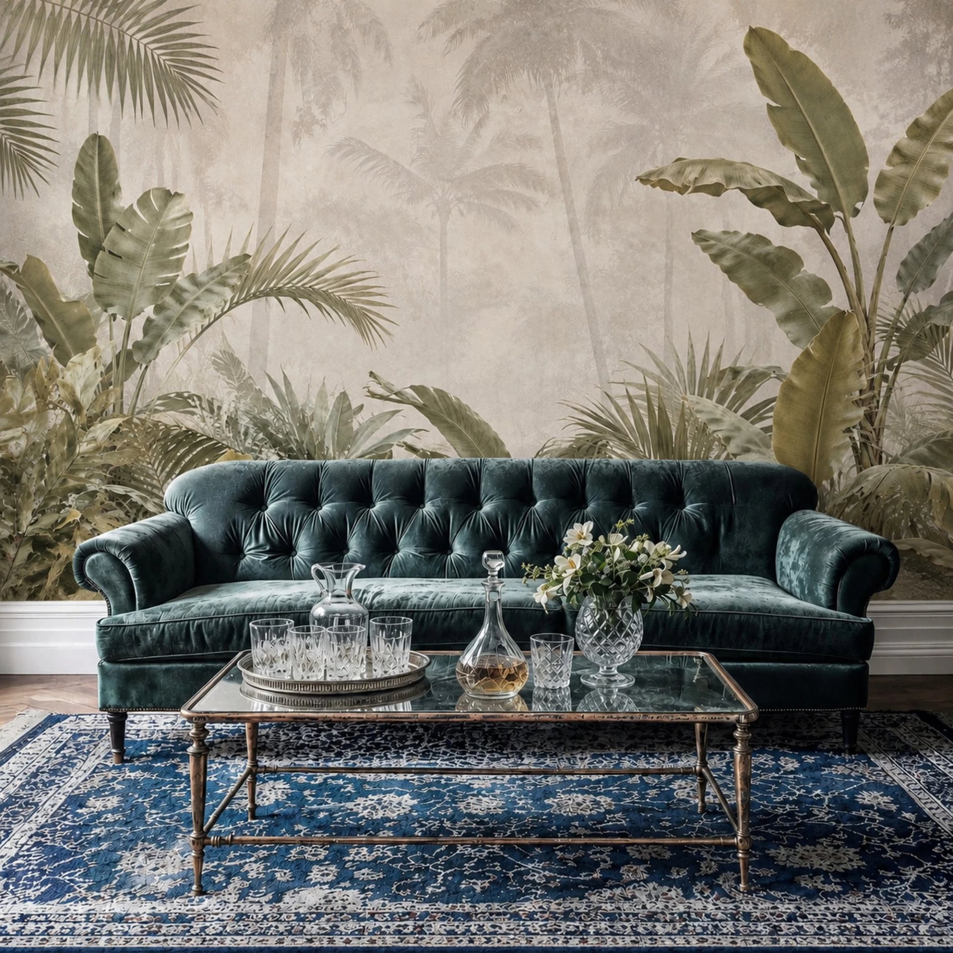 Muted Sepia Palms wall mural shown in a styled interior, view 2