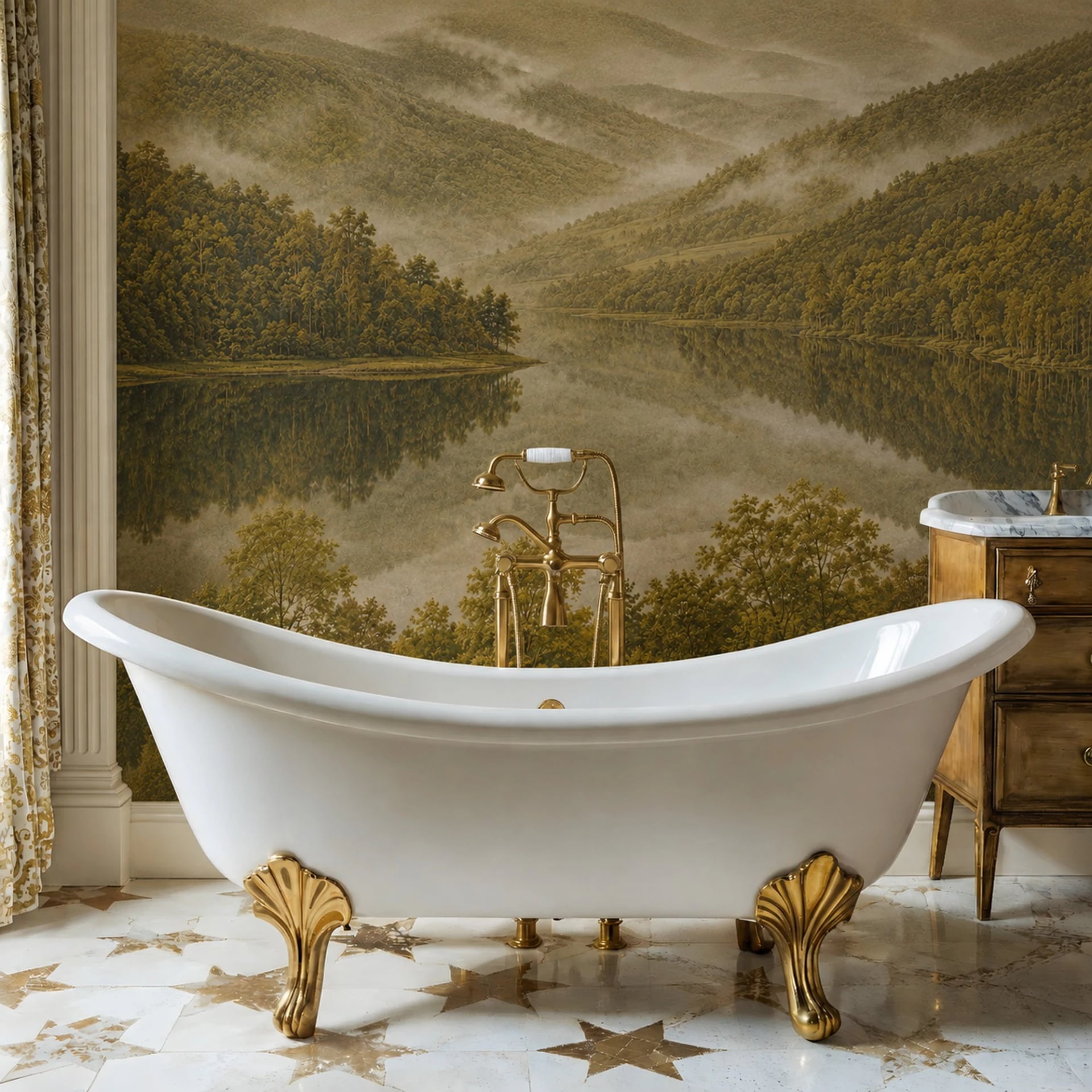Misty Valley Lake wall mural shown in a styled interior, view 2