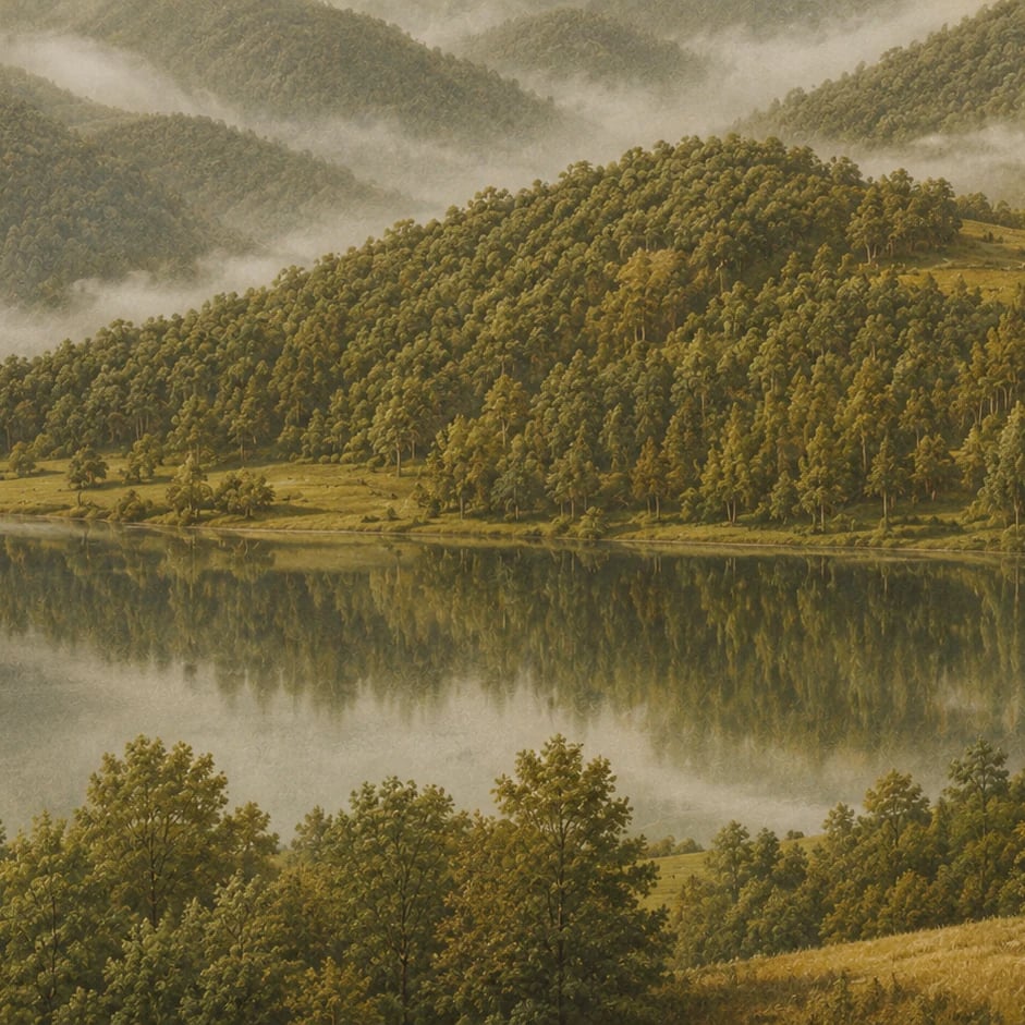 Close-up of the Misty Ridge Lake artwork at printed scale