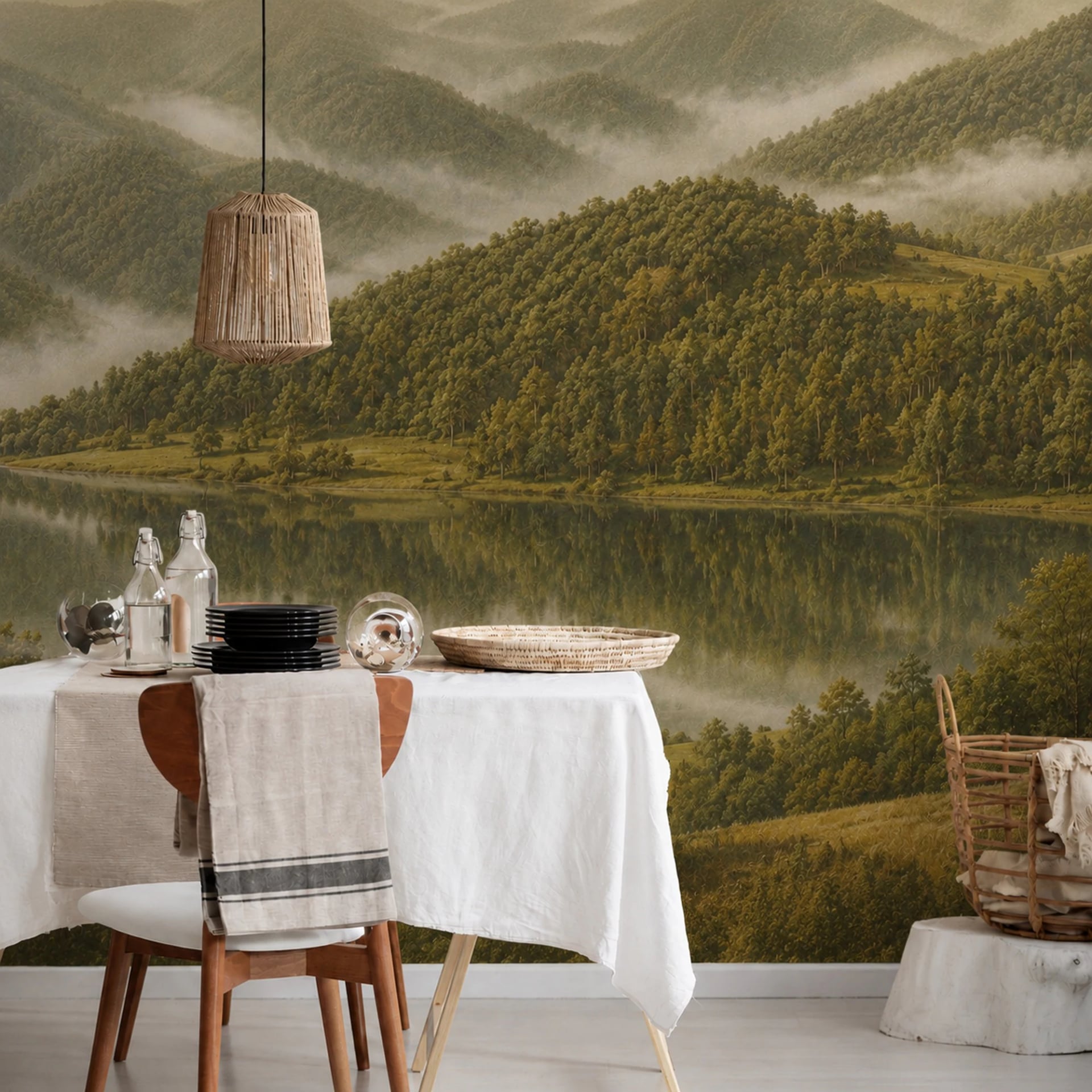 Misty Ridge Lake wall mural shown in a styled interior, view 2