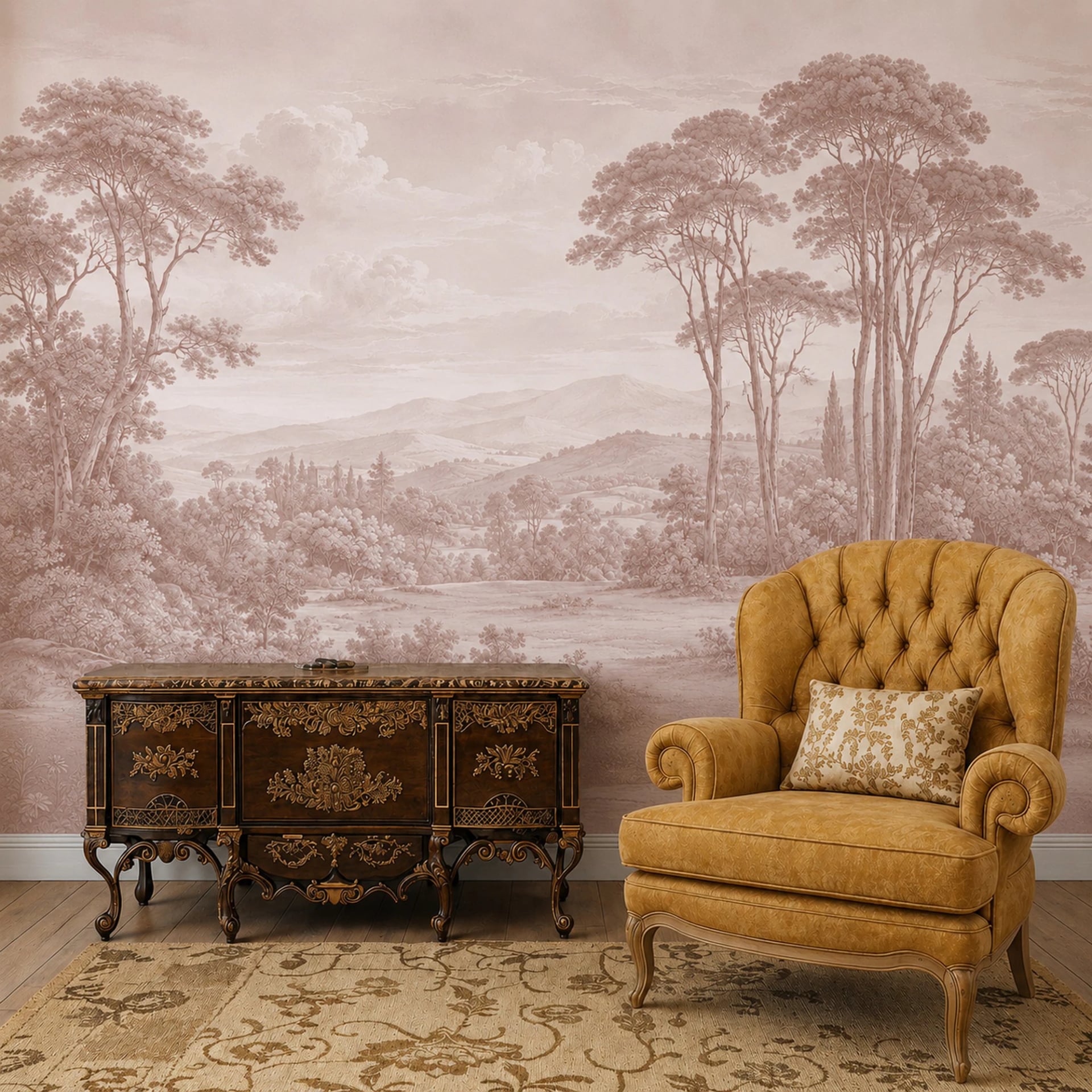 Blush Tuscan Pines wall mural shown in a styled interior, view 2