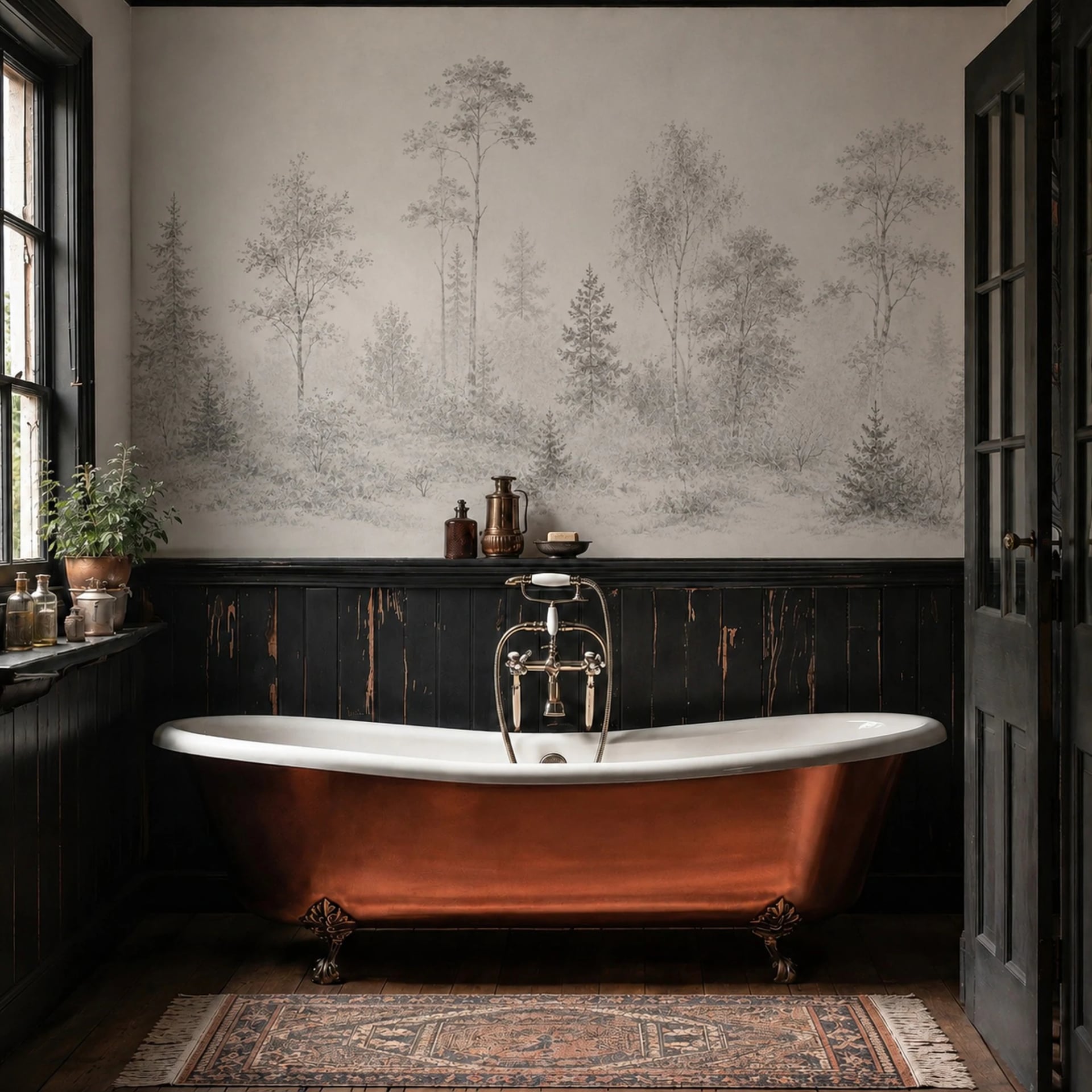 Pale Woodland Etching wall mural shown in a styled interior, view 2