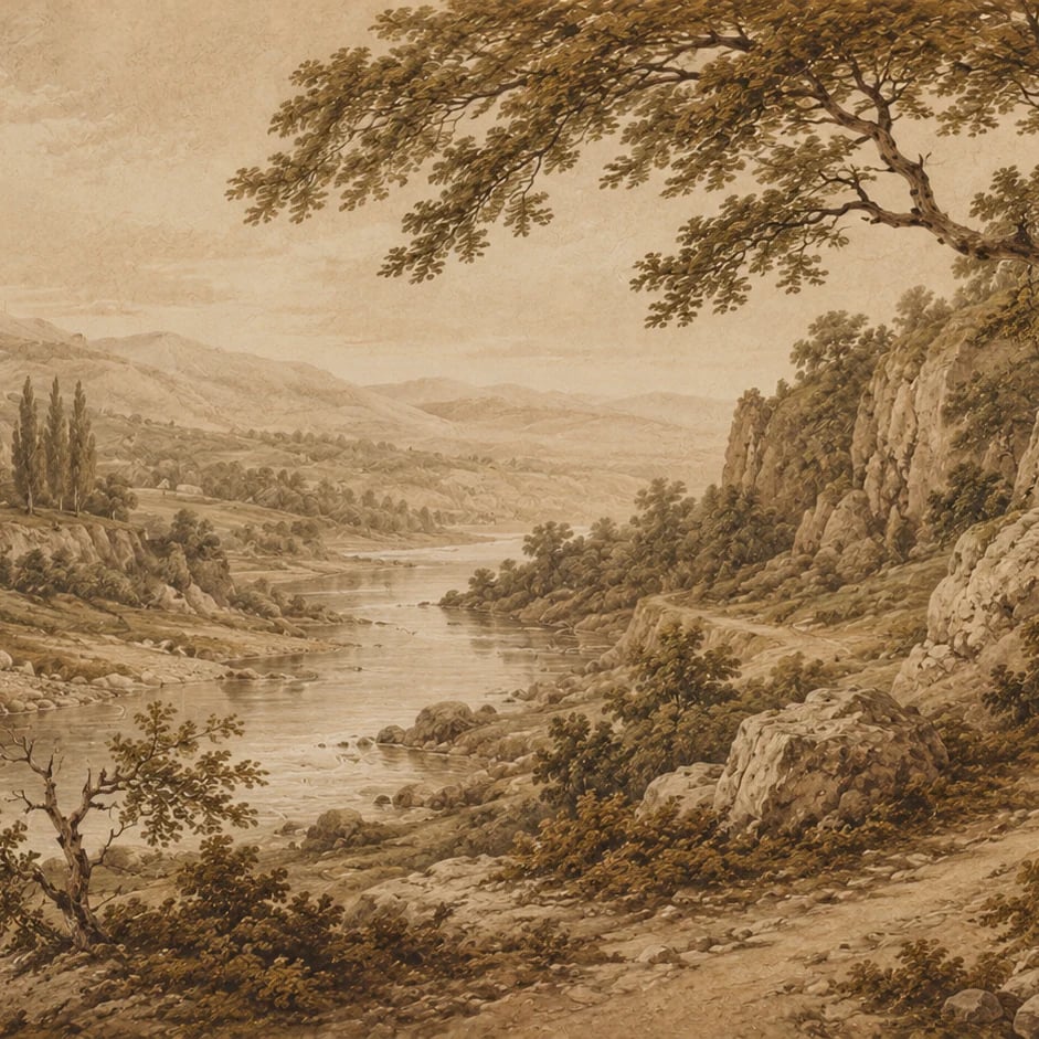 Close-up of the Sepia River Gorge artwork at printed scale
