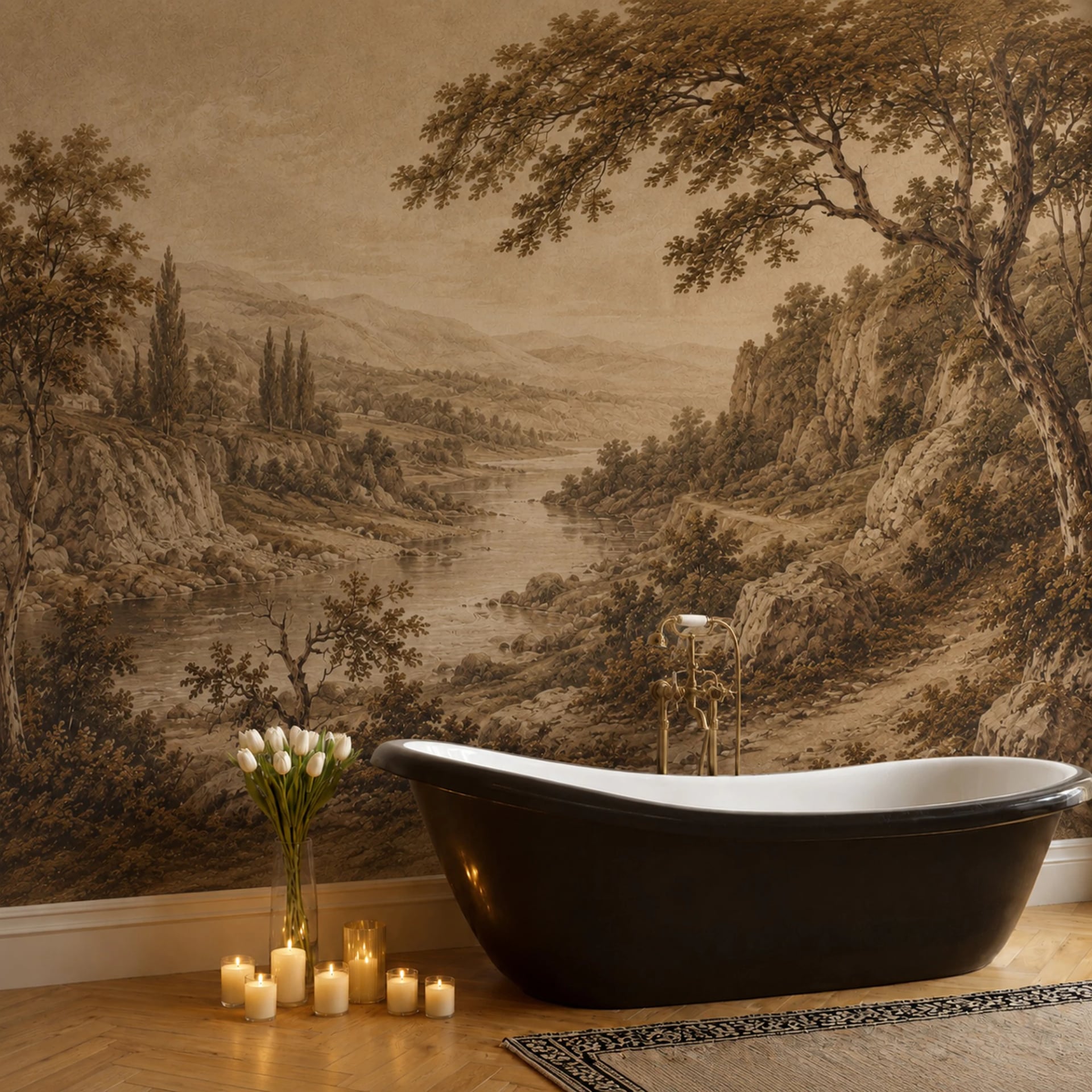 Sepia River Gorge wall mural shown in a styled interior, view 2
