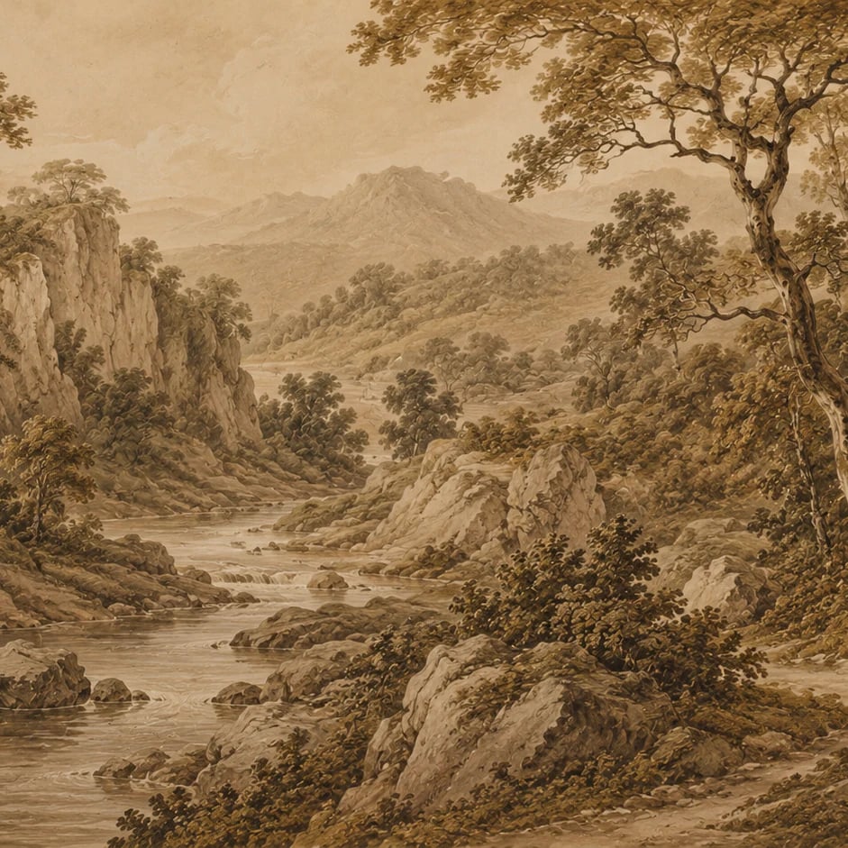 Gros plan sur le motif Gorges fluviales sépia à l'échelle d'impression
