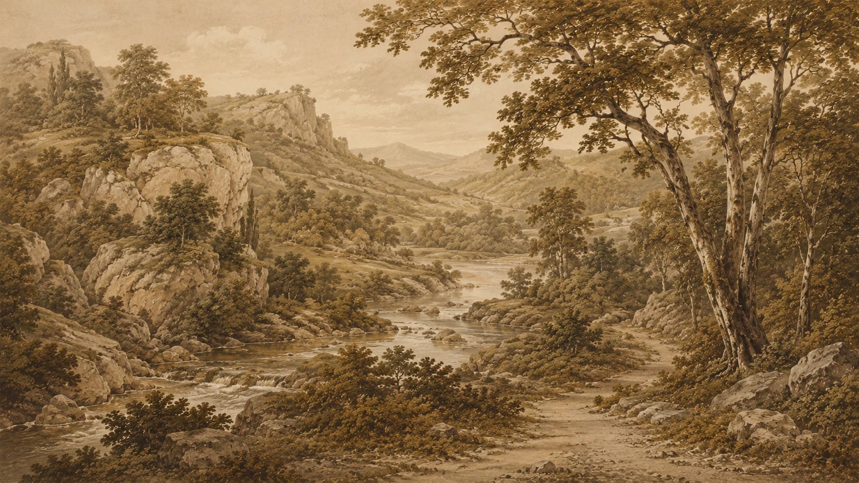 Vallée fluviale sépia