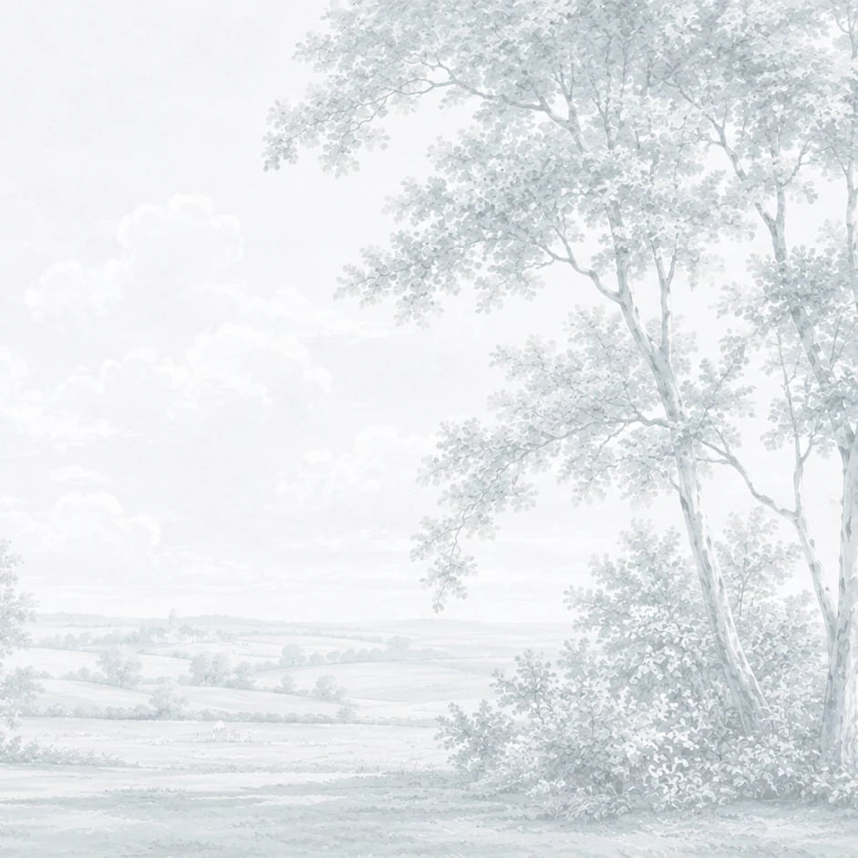 Close-up of the Pale Blue Countryside Etching artwork at printed scale