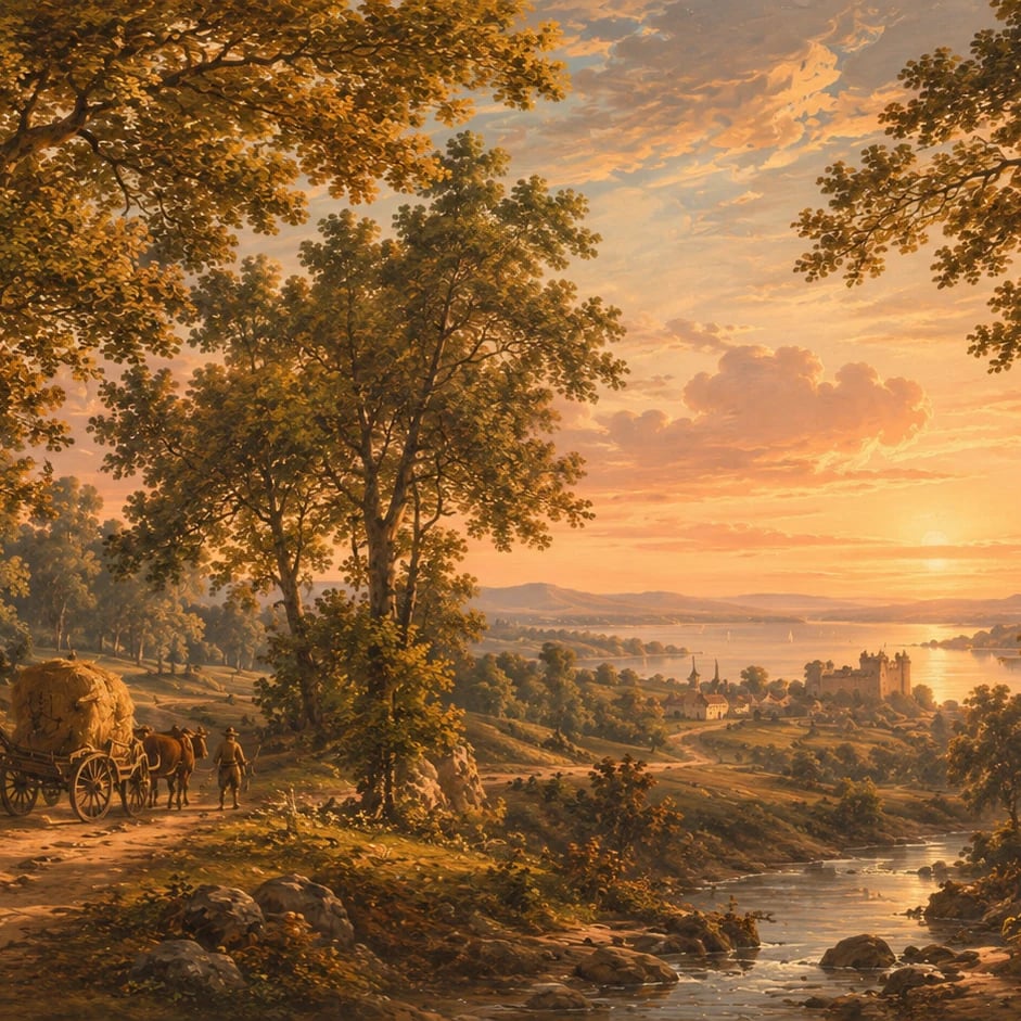 Close-up of the Pastoral River Sunset artwork at printed scale