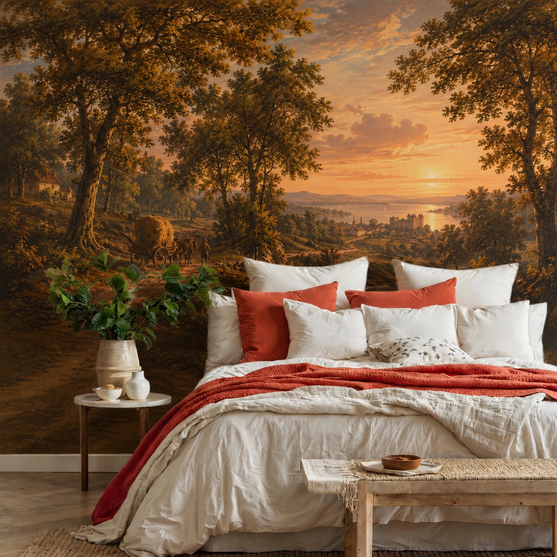 Pastoral River Sunset wall mural shown in a styled interior, view 2