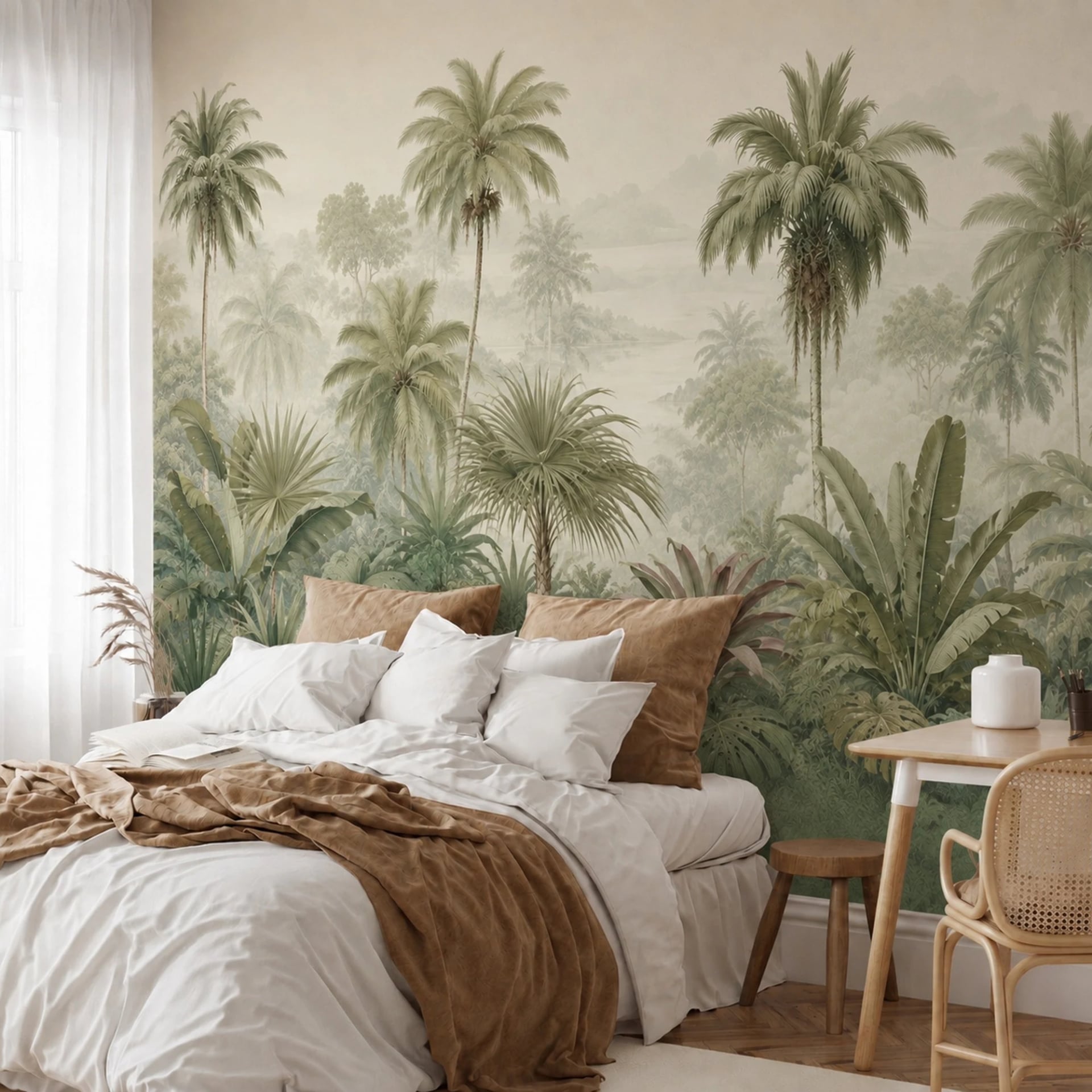 Misty Palm Grove wall mural shown in a styled interior, view 2