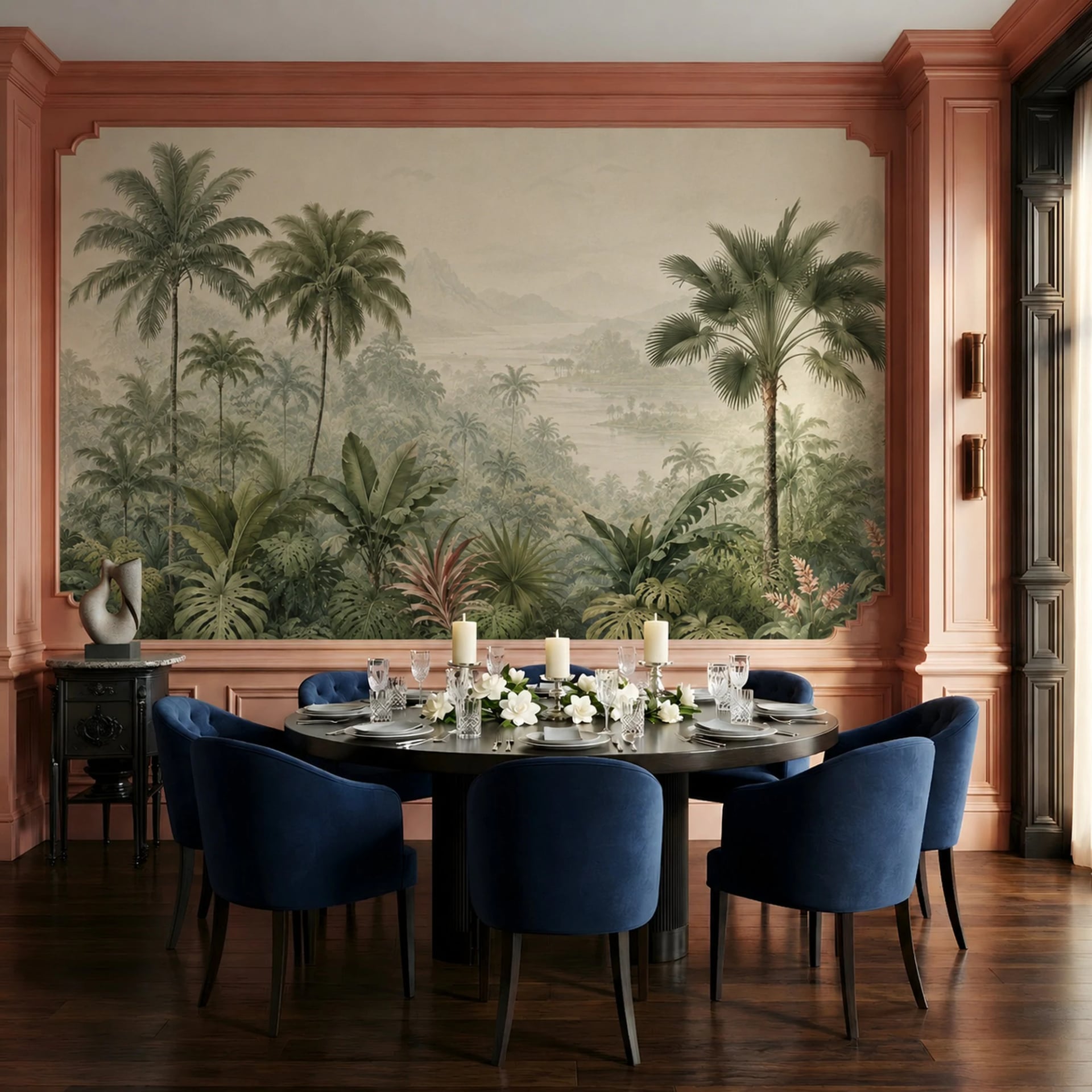 Misty Palm Panorama wall mural shown in a styled interior, view 2