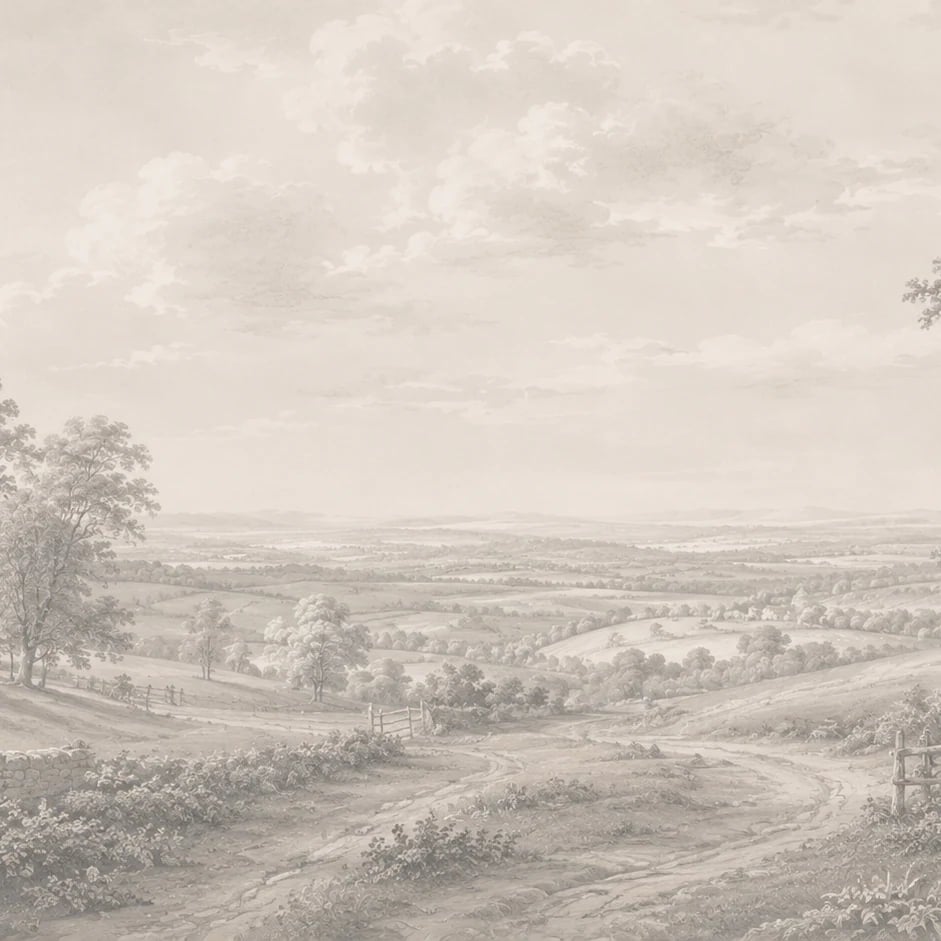 Primer plano del diseño Boceto de valle pastoral a escala de impresión