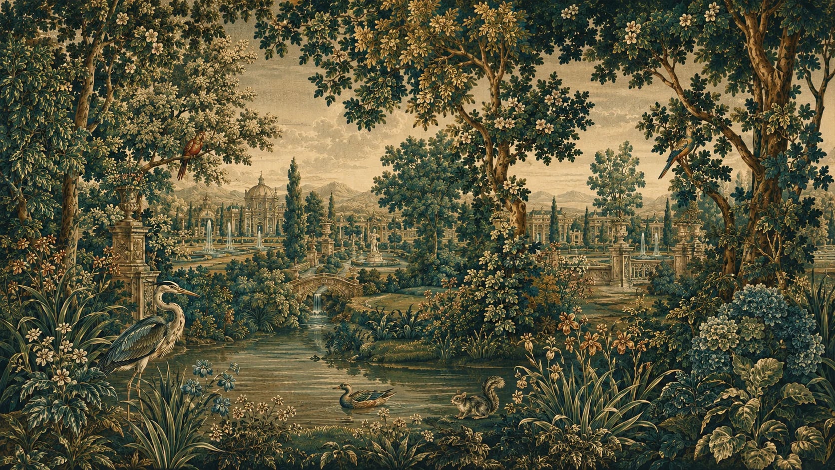 Tapisserie verdure au héron