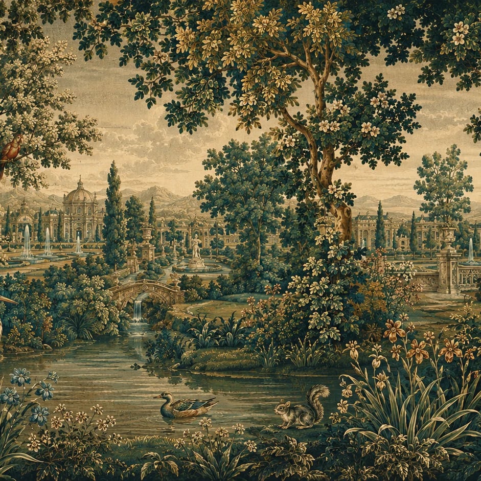 Close-up of the Verdure Heron Tapestry artwork at printed scale