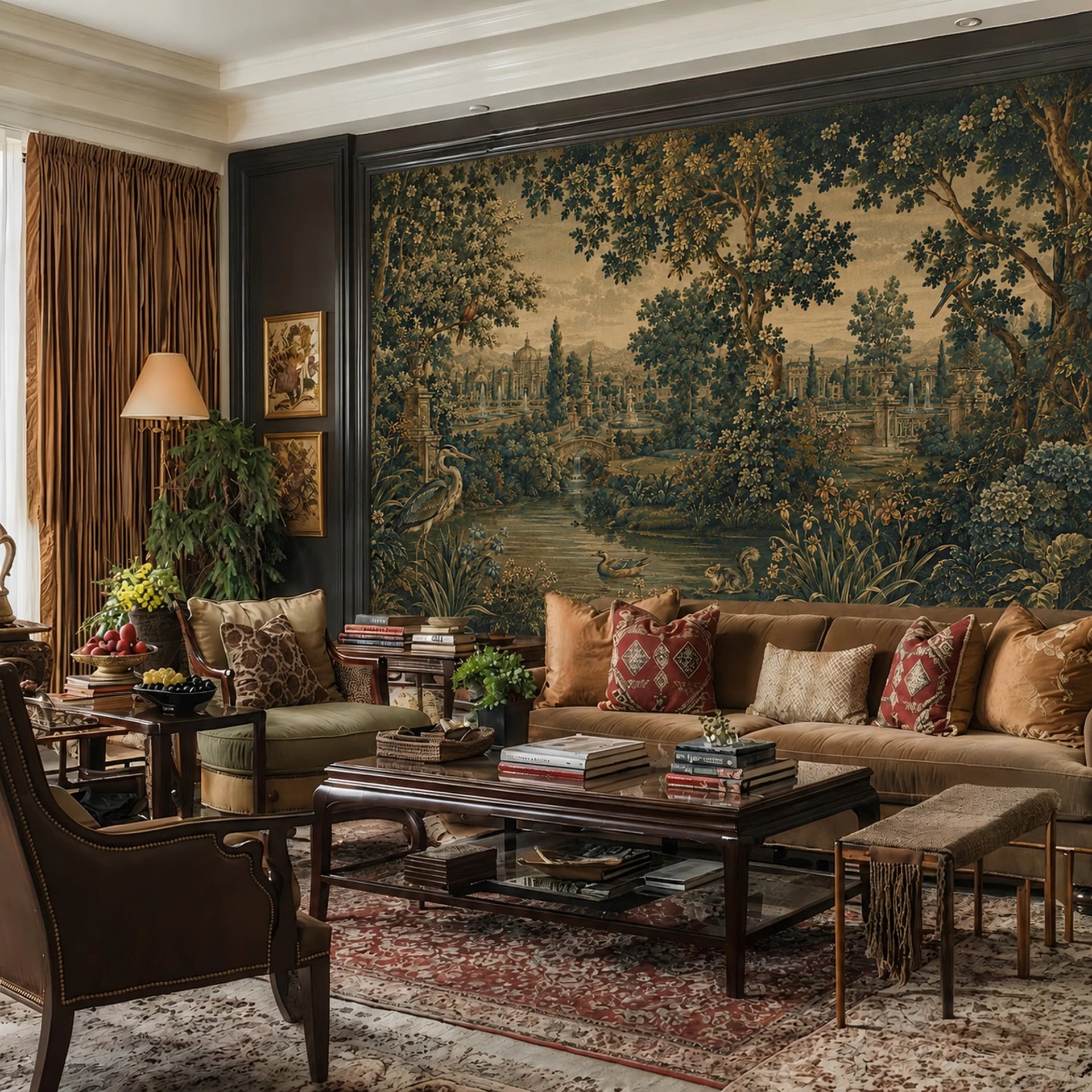 Verdure Heron Tapestry wall mural shown in a styled interior, view 2