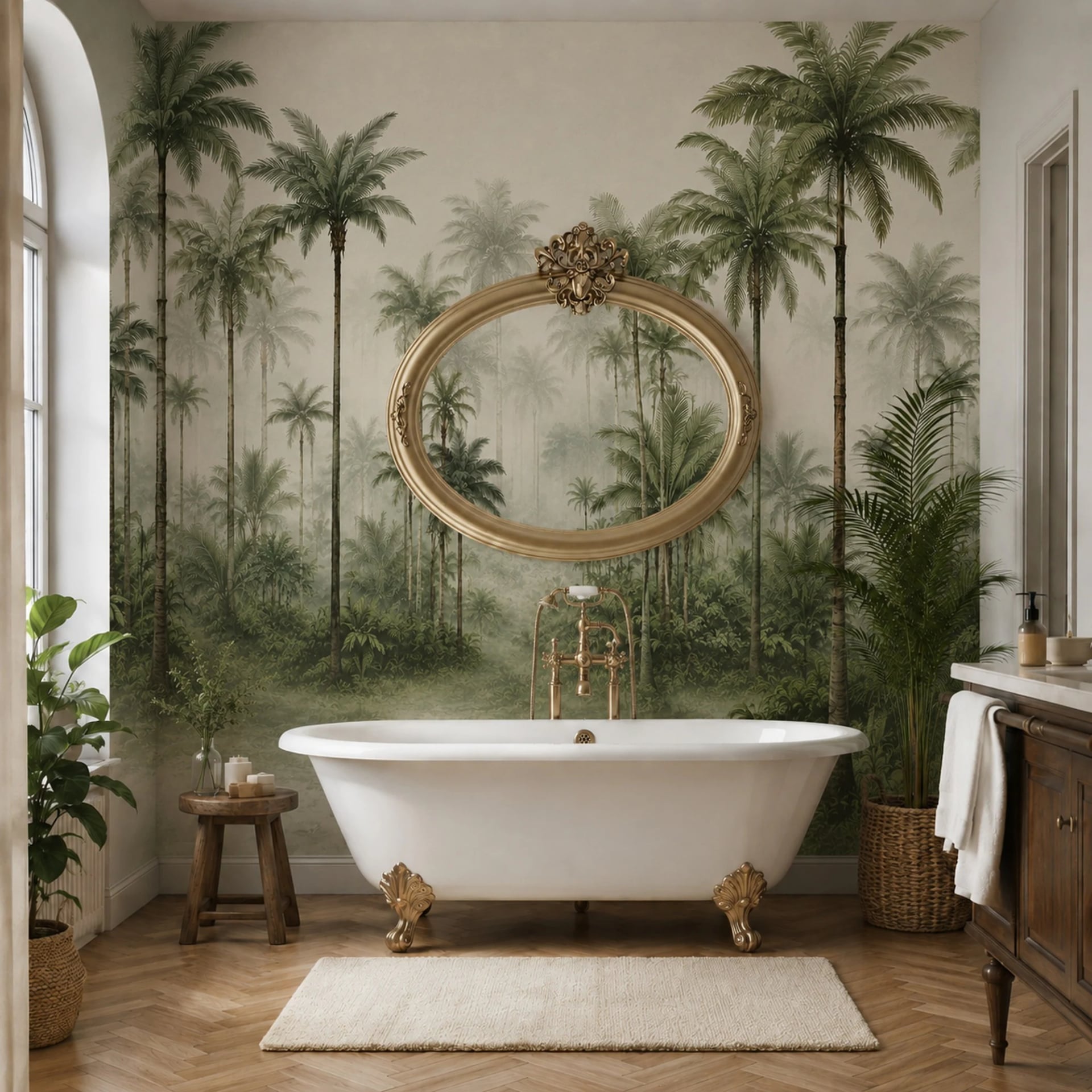 Papier peint panoramique Palmeraie brumeuse présenté dans un intérieur décoré, vue 2