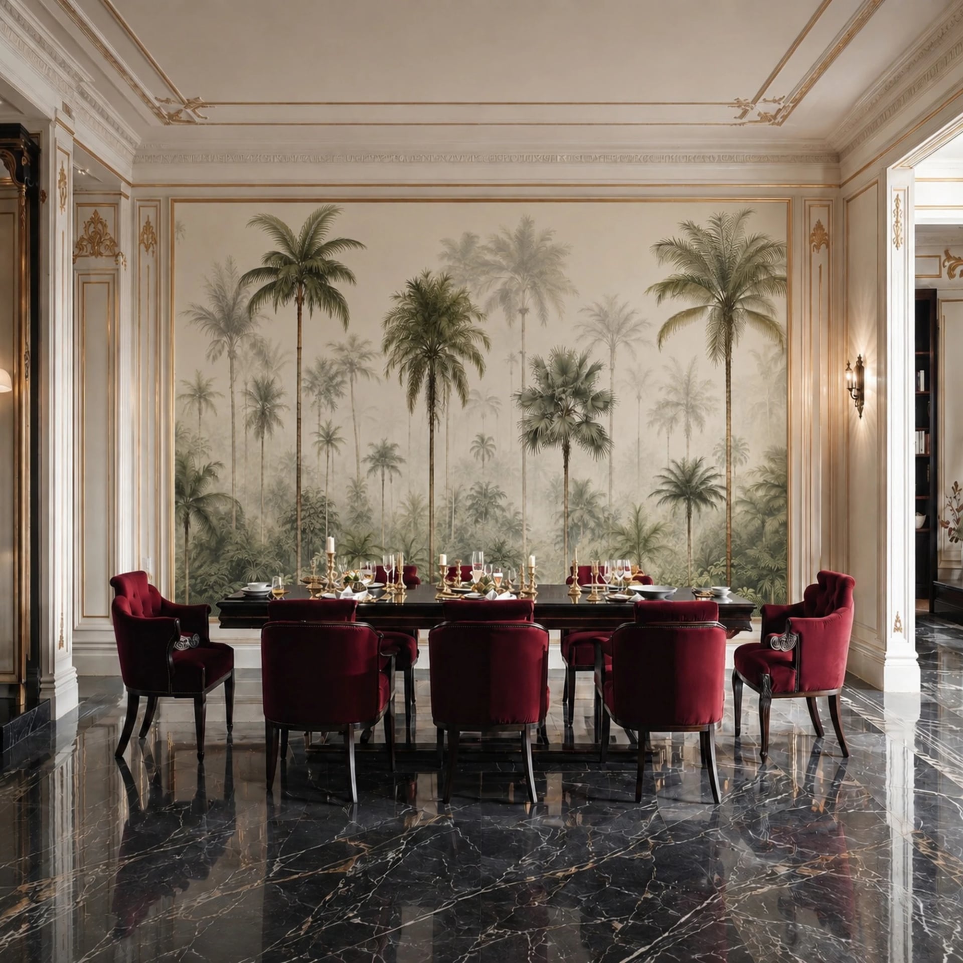 Papier peint panoramique Palmeraie brumeuse présenté dans un intérieur décoré, vue 2
