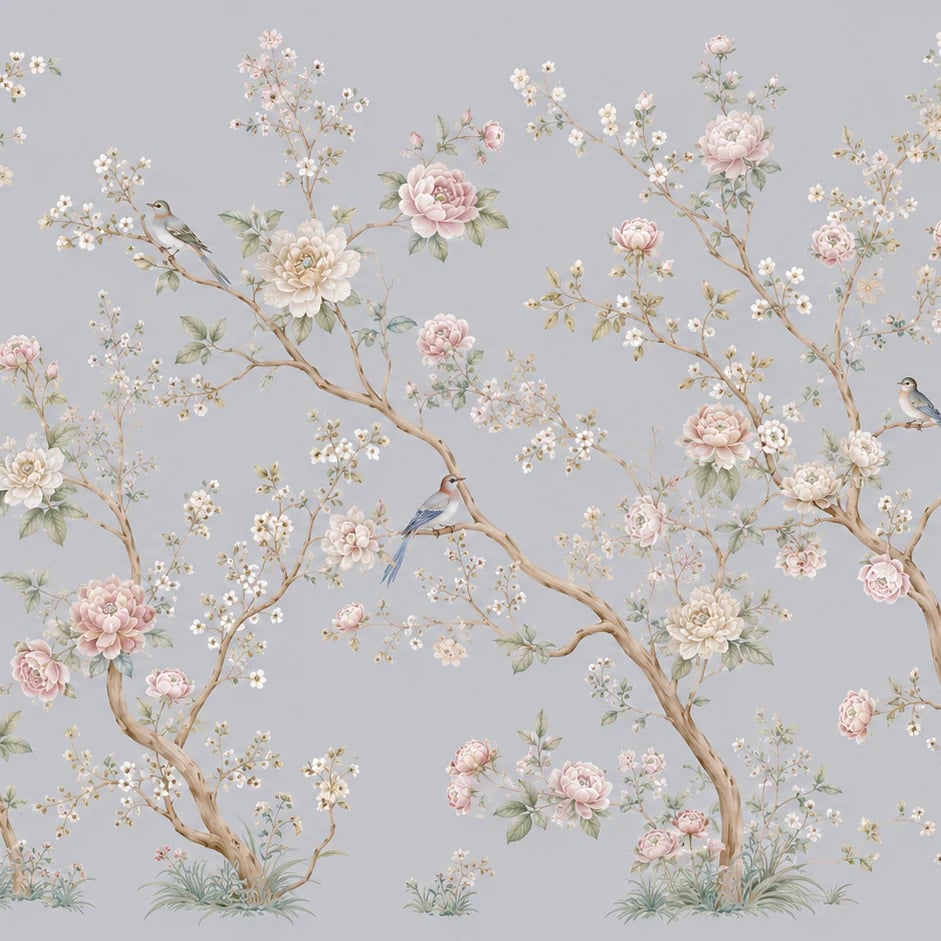 Nahaufnahme des Kunstwerks Chinoiserie mit Pfingstrose und Singvogel im Druckmaßstab