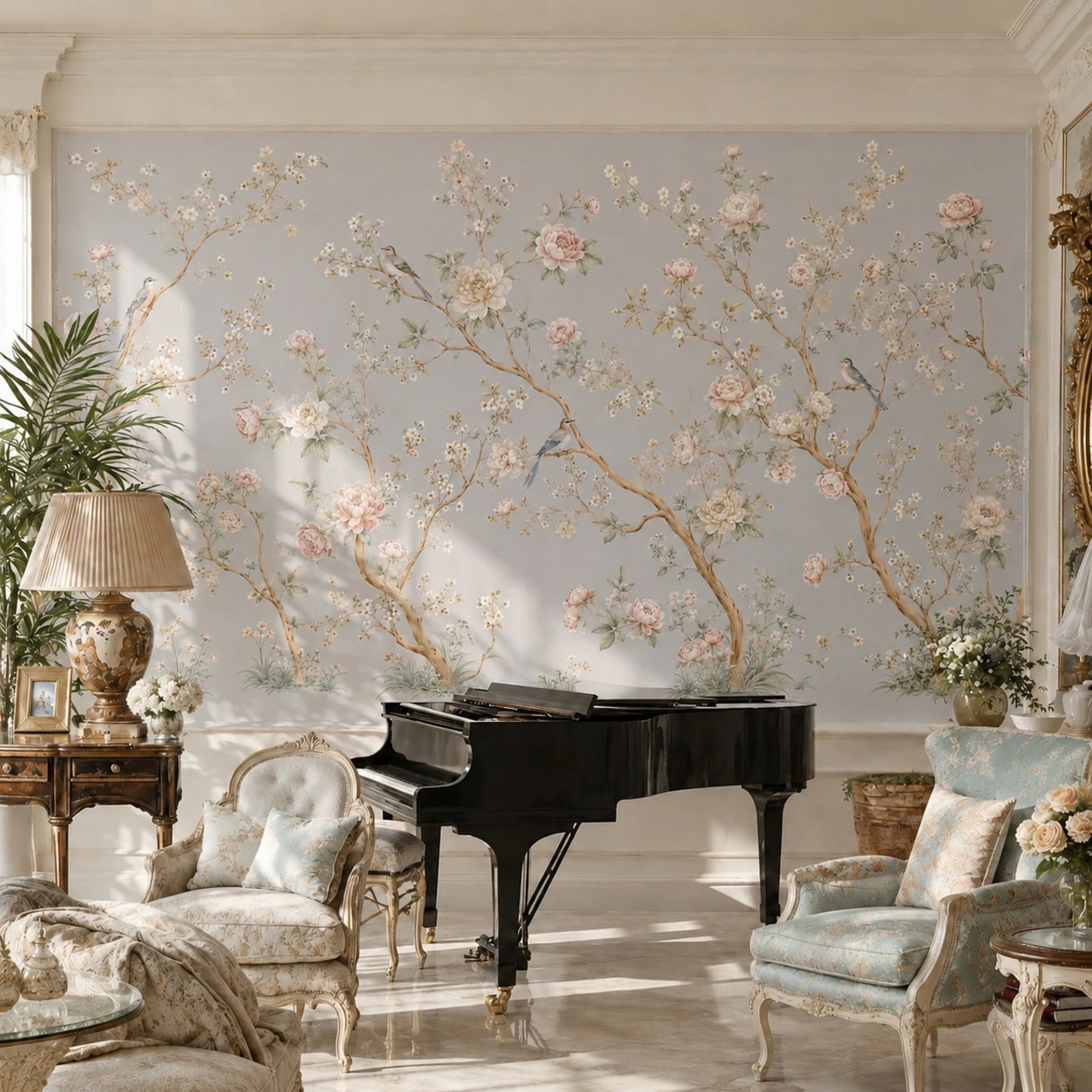 Chinoiserie mit Pfingstrose und Singvogel Fototapete in einem stilvoll eingerichteten Raum, Ansicht 2