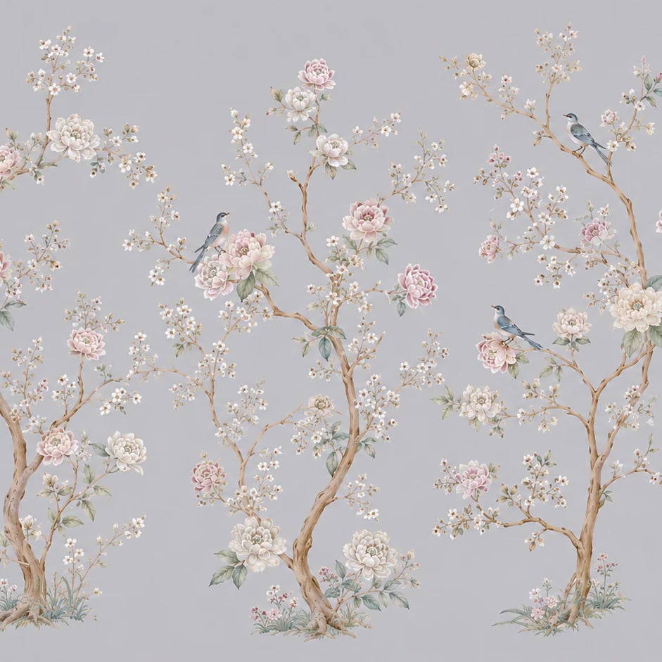 Gros plan sur le motif Chinoiserie au passereau branché à l'échelle d'impression