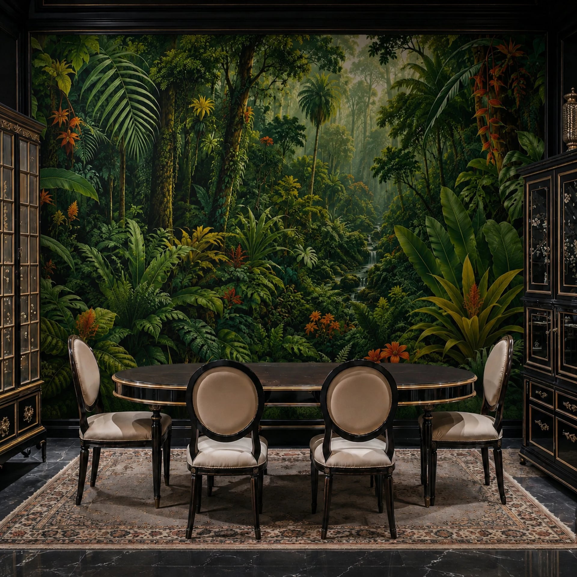 Verdant Rainforest Stream wall mural shown in a styled interior, view 2