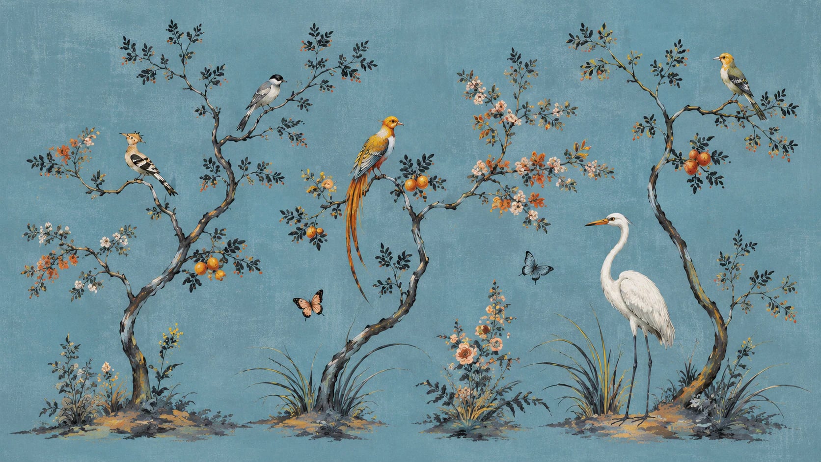 Chinoiserie Heron and Orchard