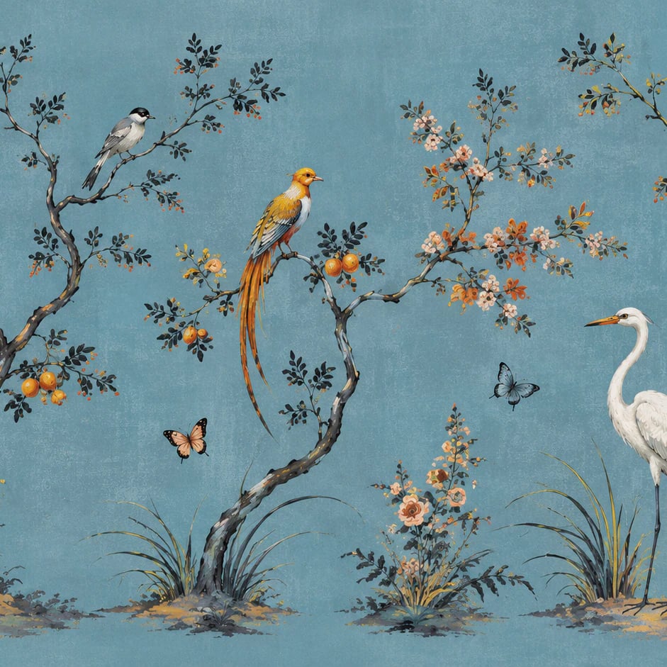 Nahaufnahme des Kunstwerks Chinoiserie mit Reiher und Obstgarten im Druckmaßstab