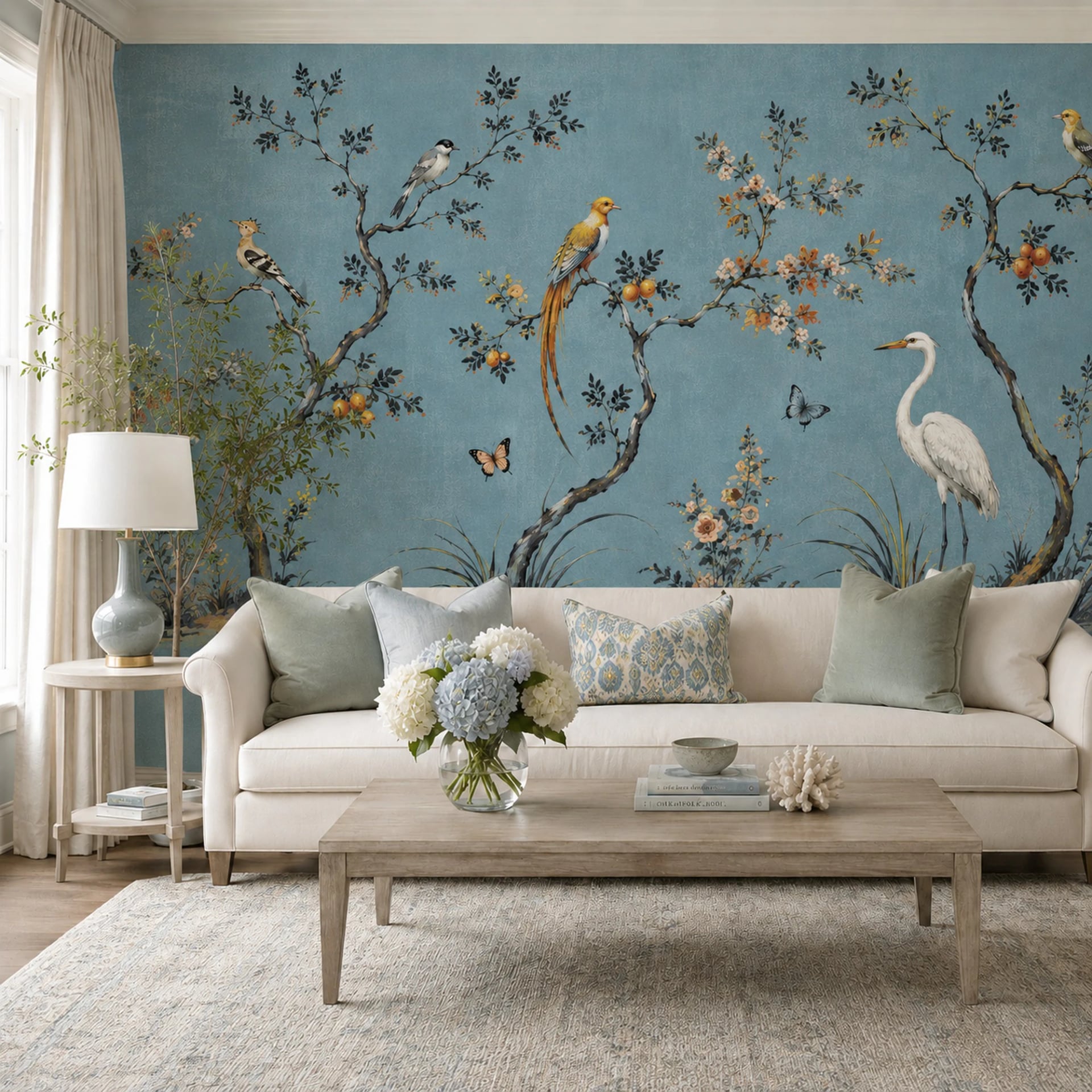 Chinoiserie mit Reiher und Obstgarten Fototapete in einem stilvoll eingerichteten Raum, Ansicht 2