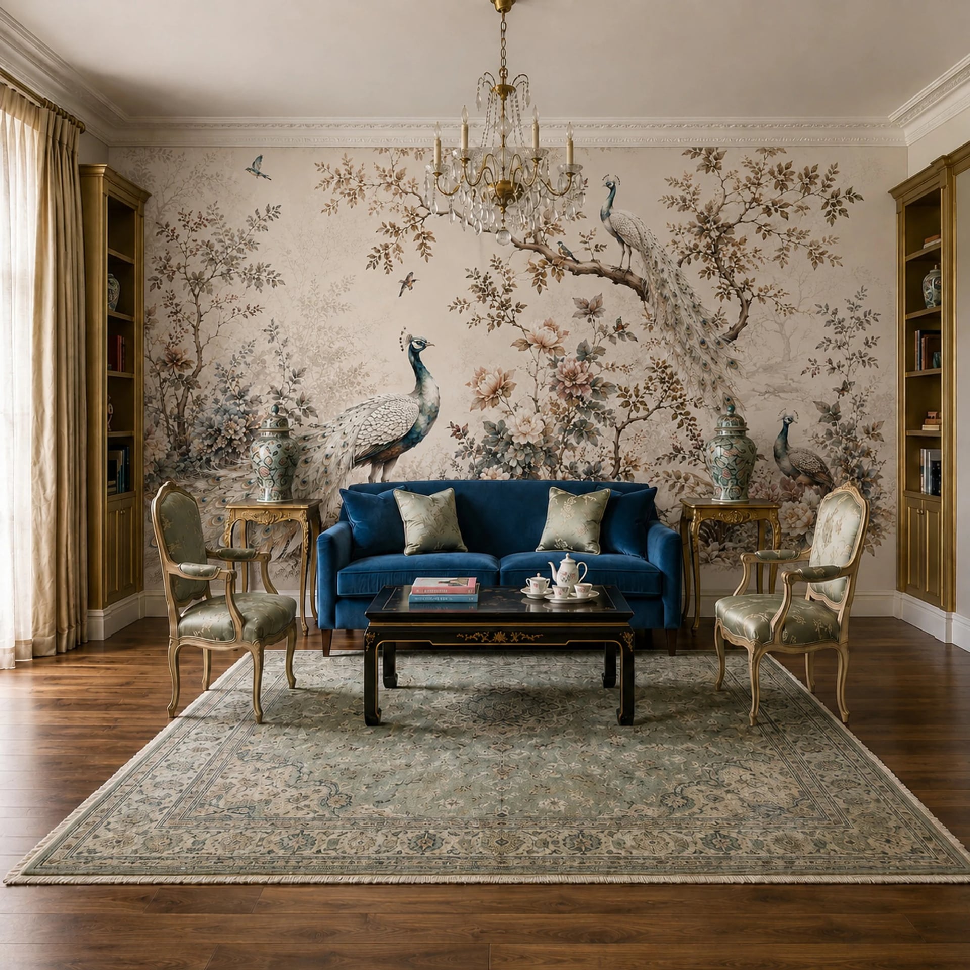 Peacock Botanical Garden wall mural shown in a styled interior, view 1