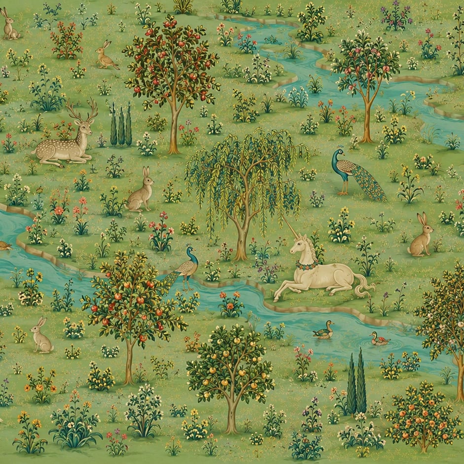 Close-up of the Medieval Unicorn Tapestry artwork at printed scale