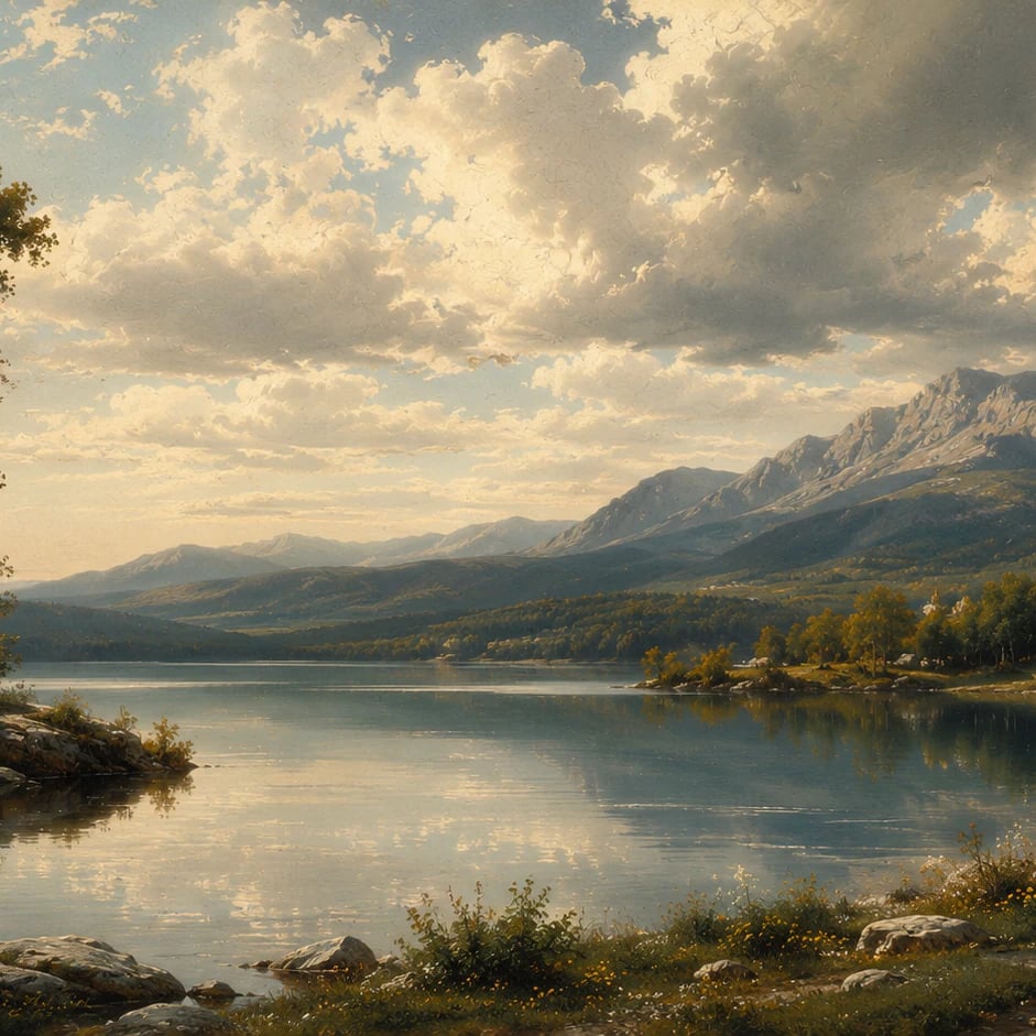 Nahaufnahme des Kunstwerks Bergsee am Hudson im Druckmaßstab