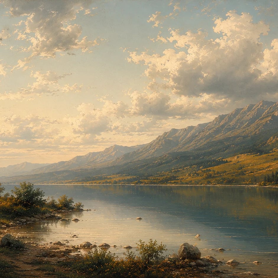 Close-up of the Sunlit Mountain Tarn artwork at printed scale