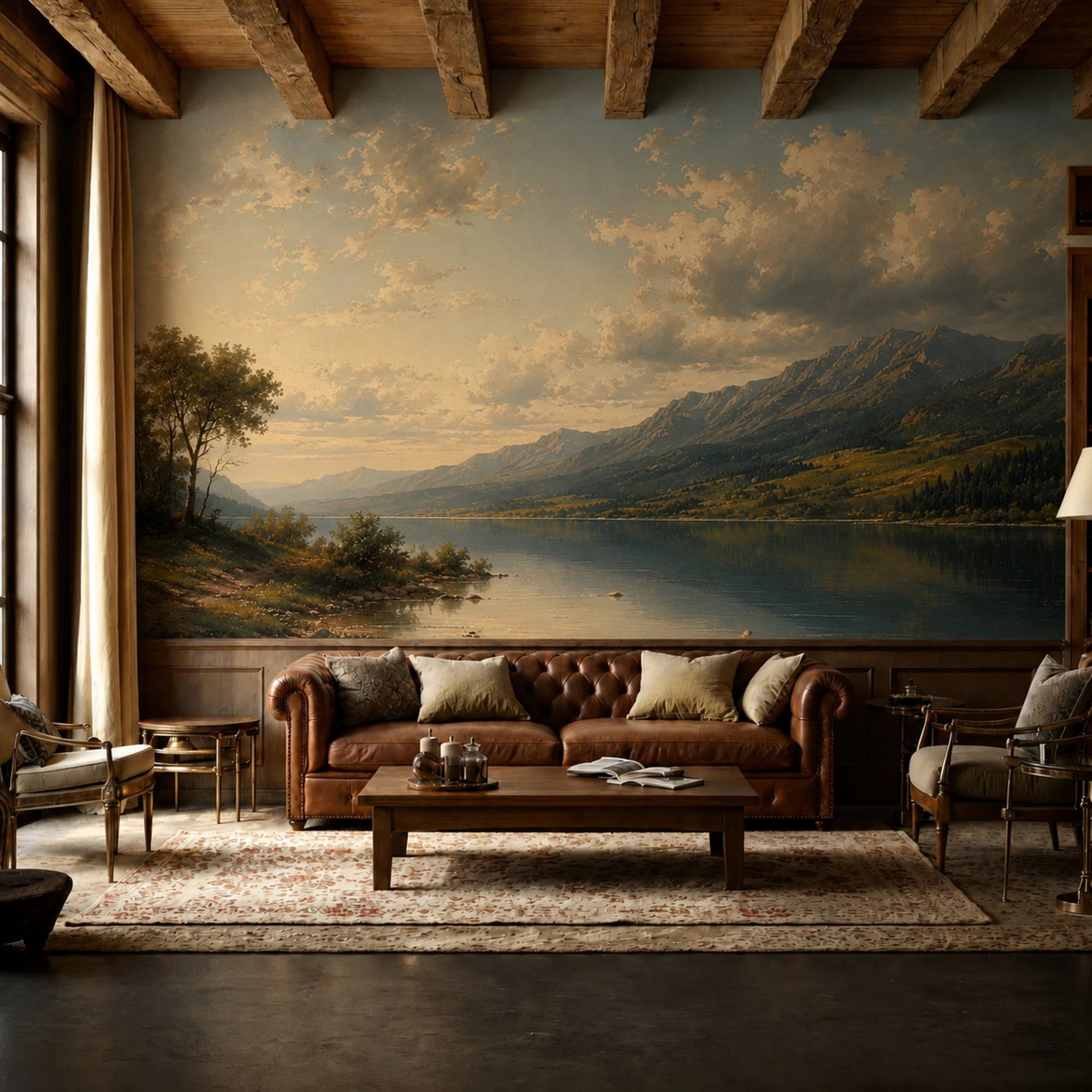 Sunlit Mountain Tarn wall mural shown in a styled interior, view 2