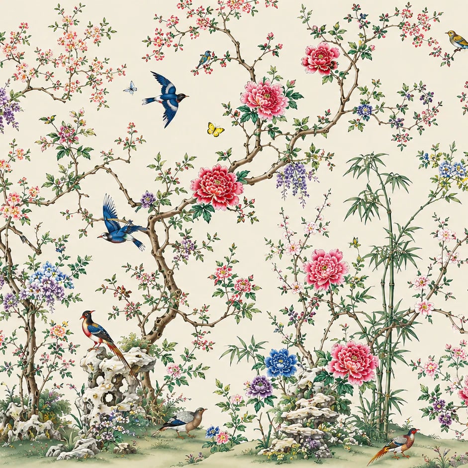Gros plan sur le motif Chinoiserie au jardin de pivoines à l'échelle d'impression