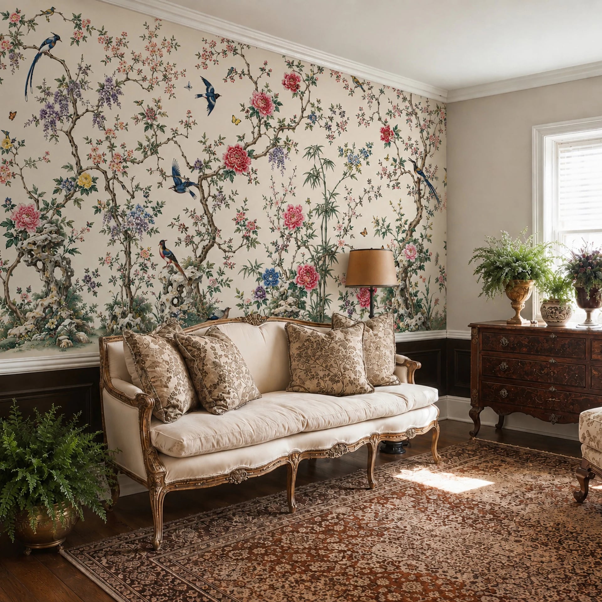 Papier peint panoramique Chinoiserie au jardin de pivoines présenté dans un intérieur décoré, vue 2