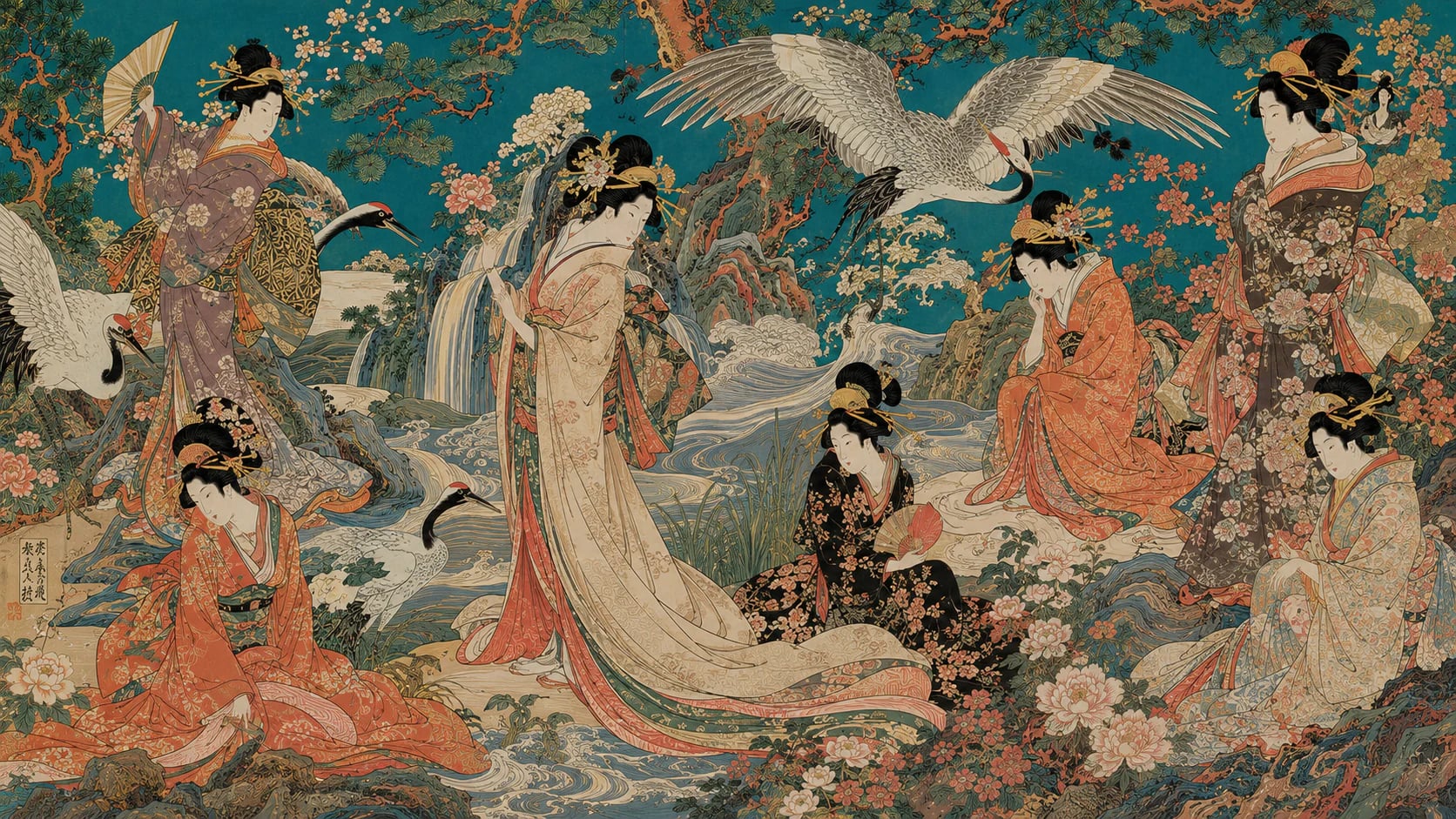 Grullas y kimono Edo