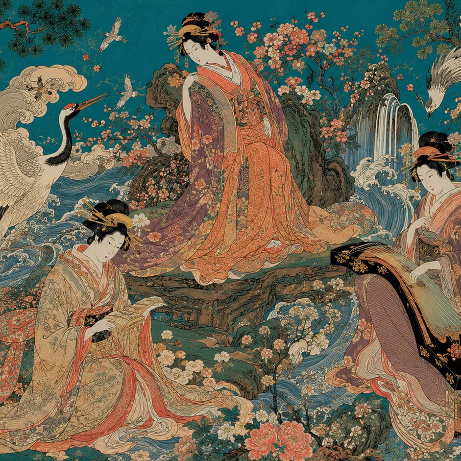 Close-up of the Imperial Geisha Serenade artwork at printed scale